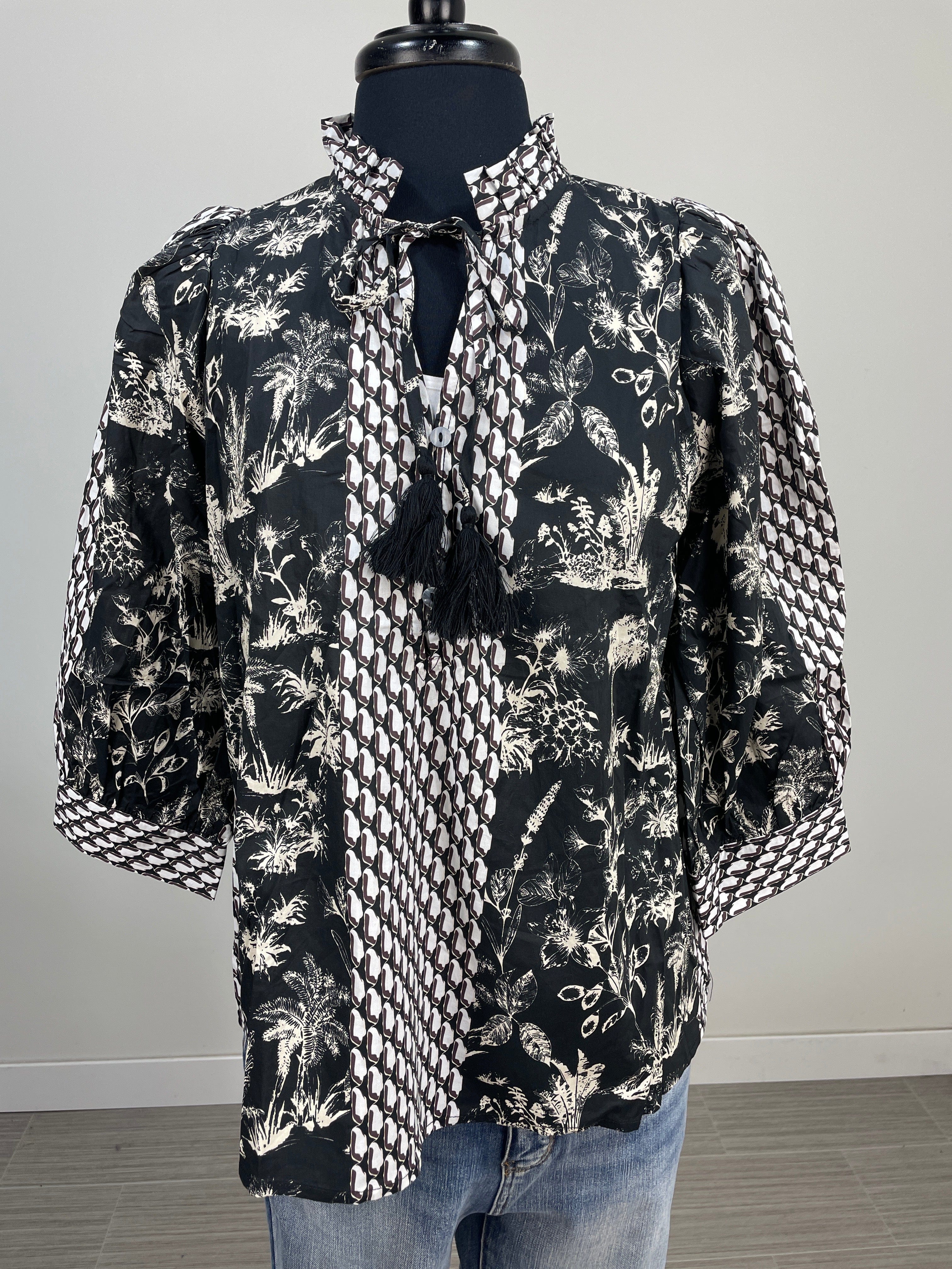 Black Botanial Print Tie Blouse