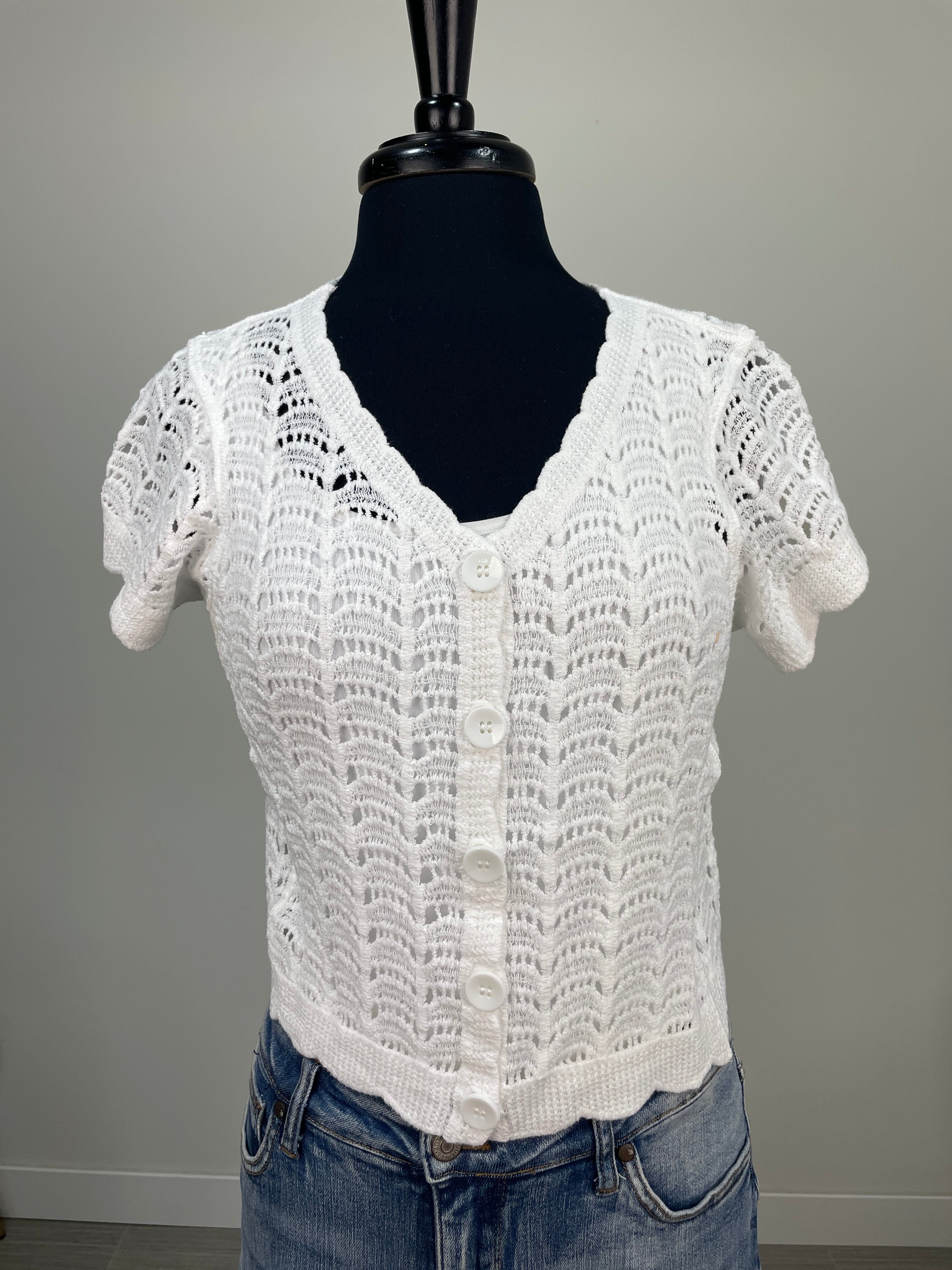 White Crochet Button Top