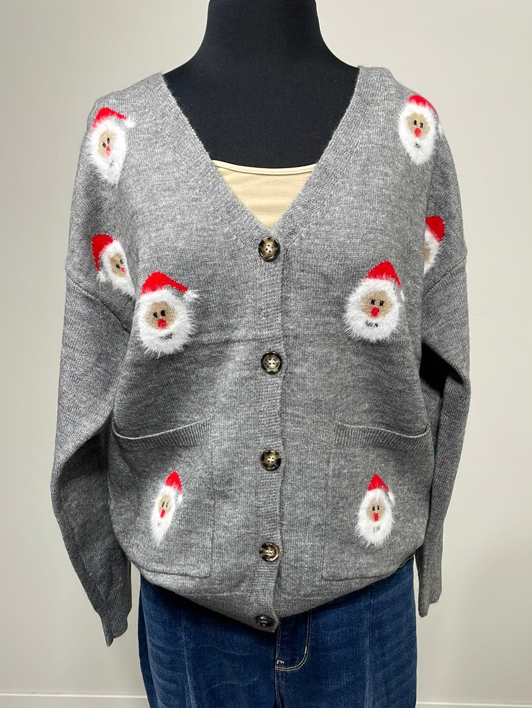 Santa Clause Pattern Grey Cardigan