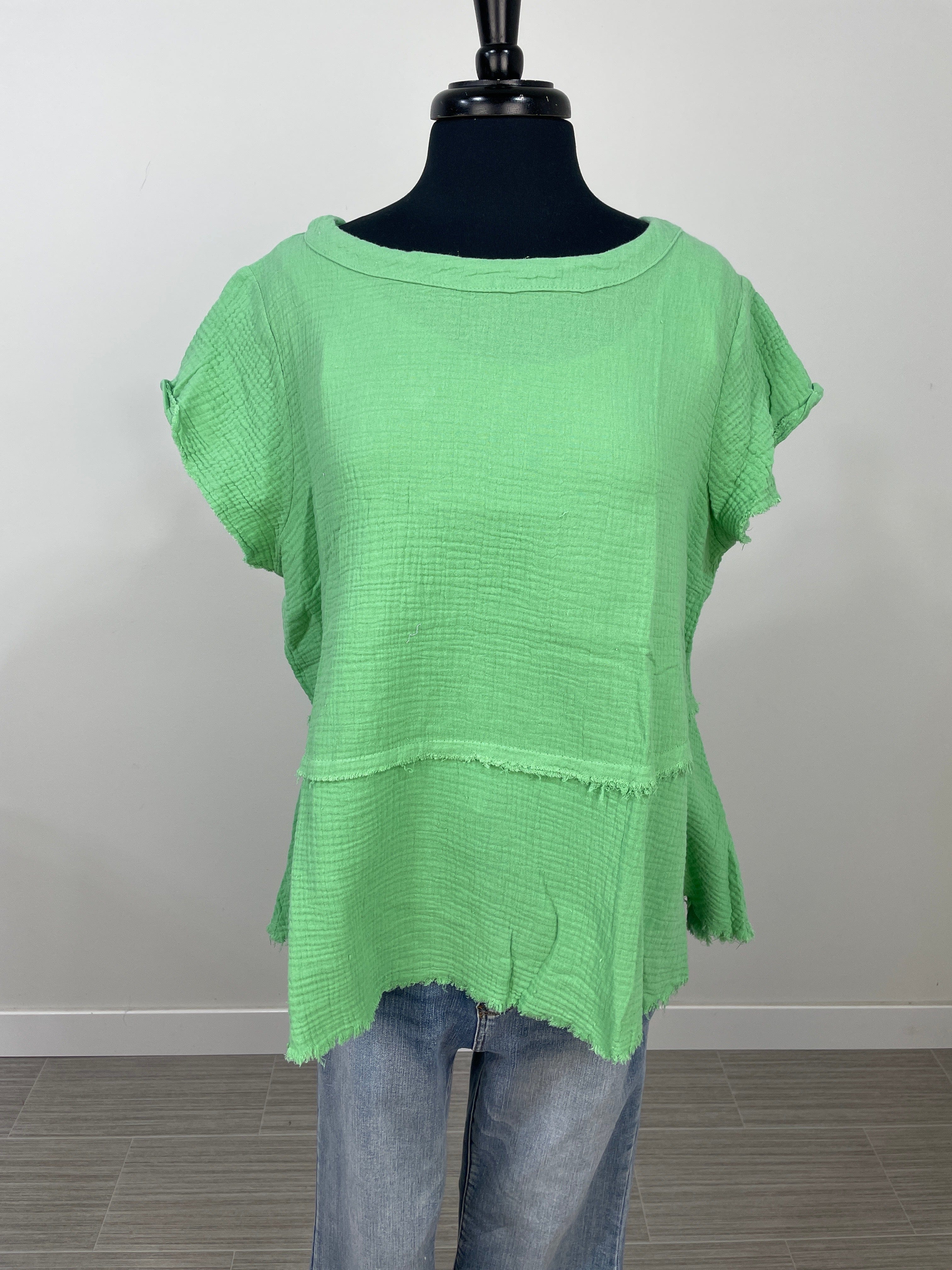 Mint Gauze Rolled Sleeve Pullover Top