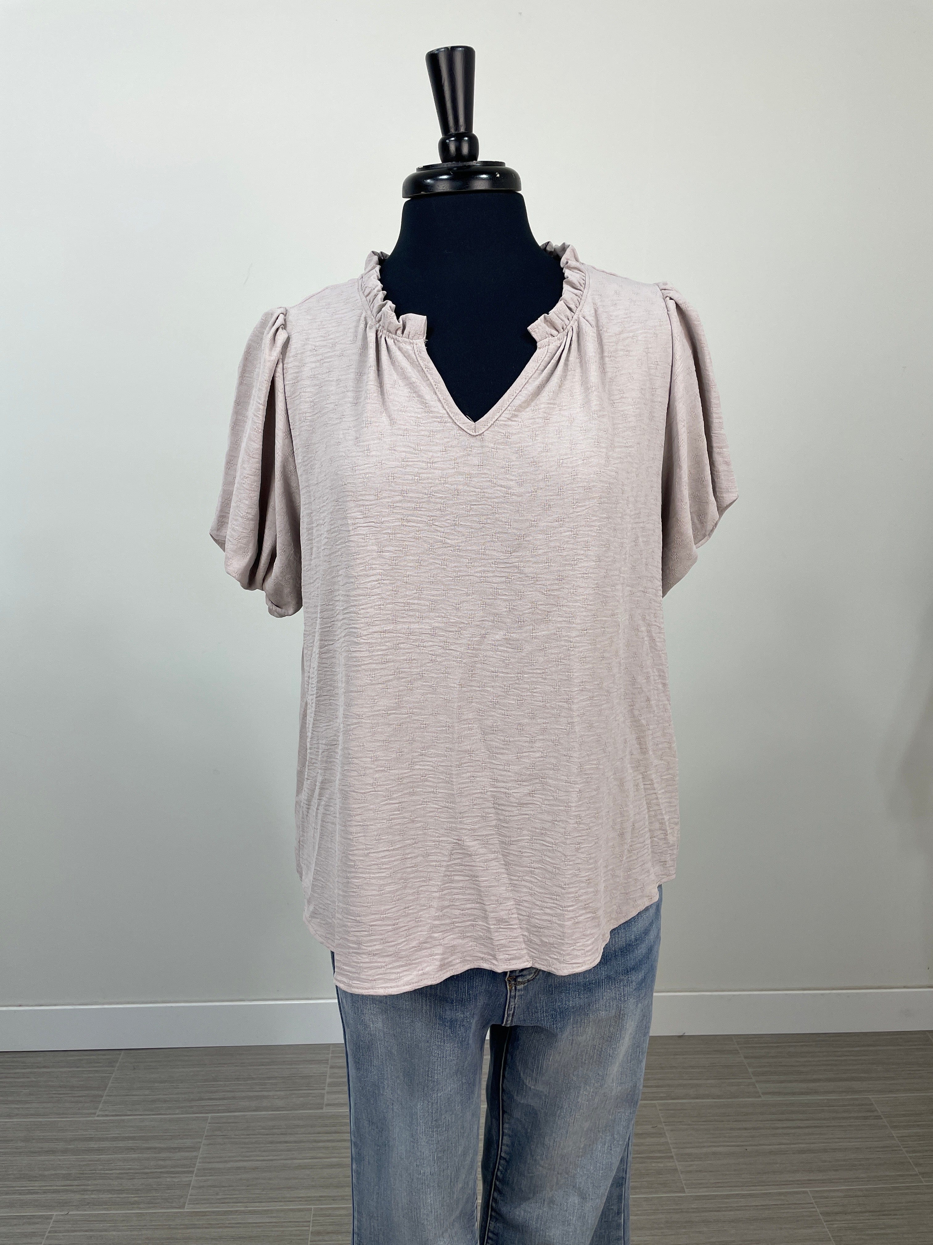 Oatmeal Diamond Texture Puff Sleeve Blouse