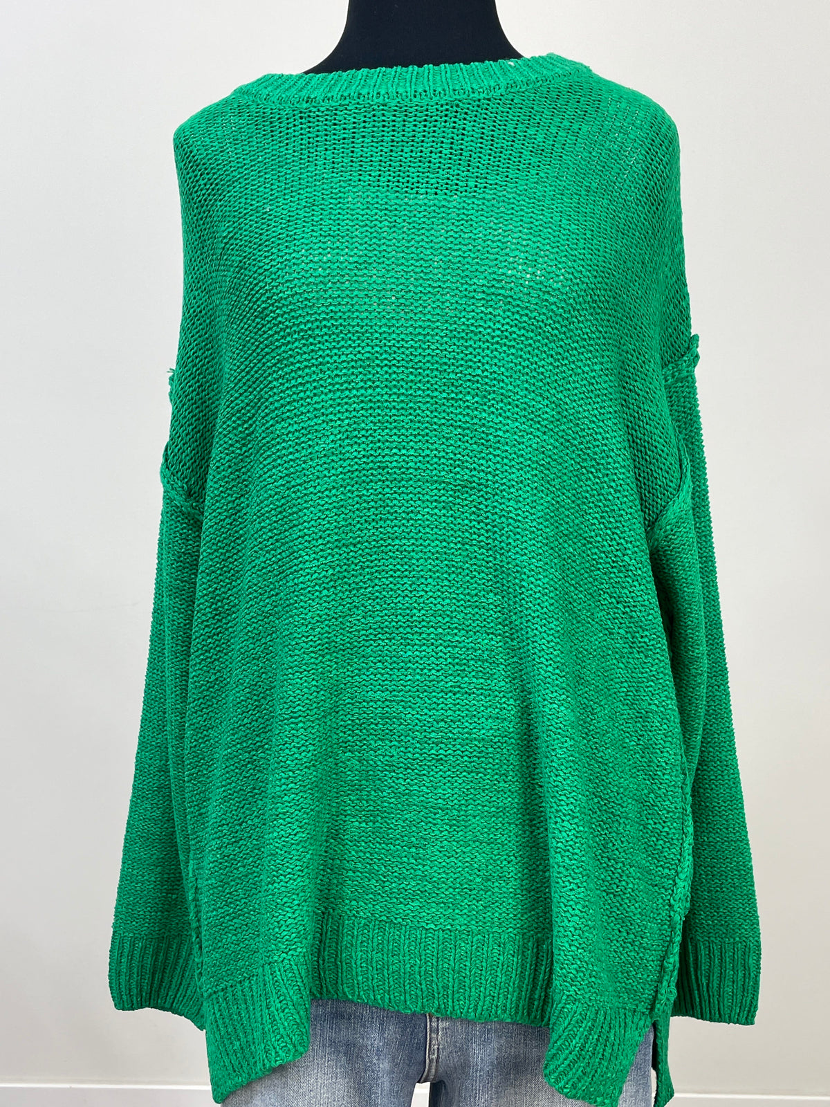 Kelly Green Exposed Seam Round Neck Sweater