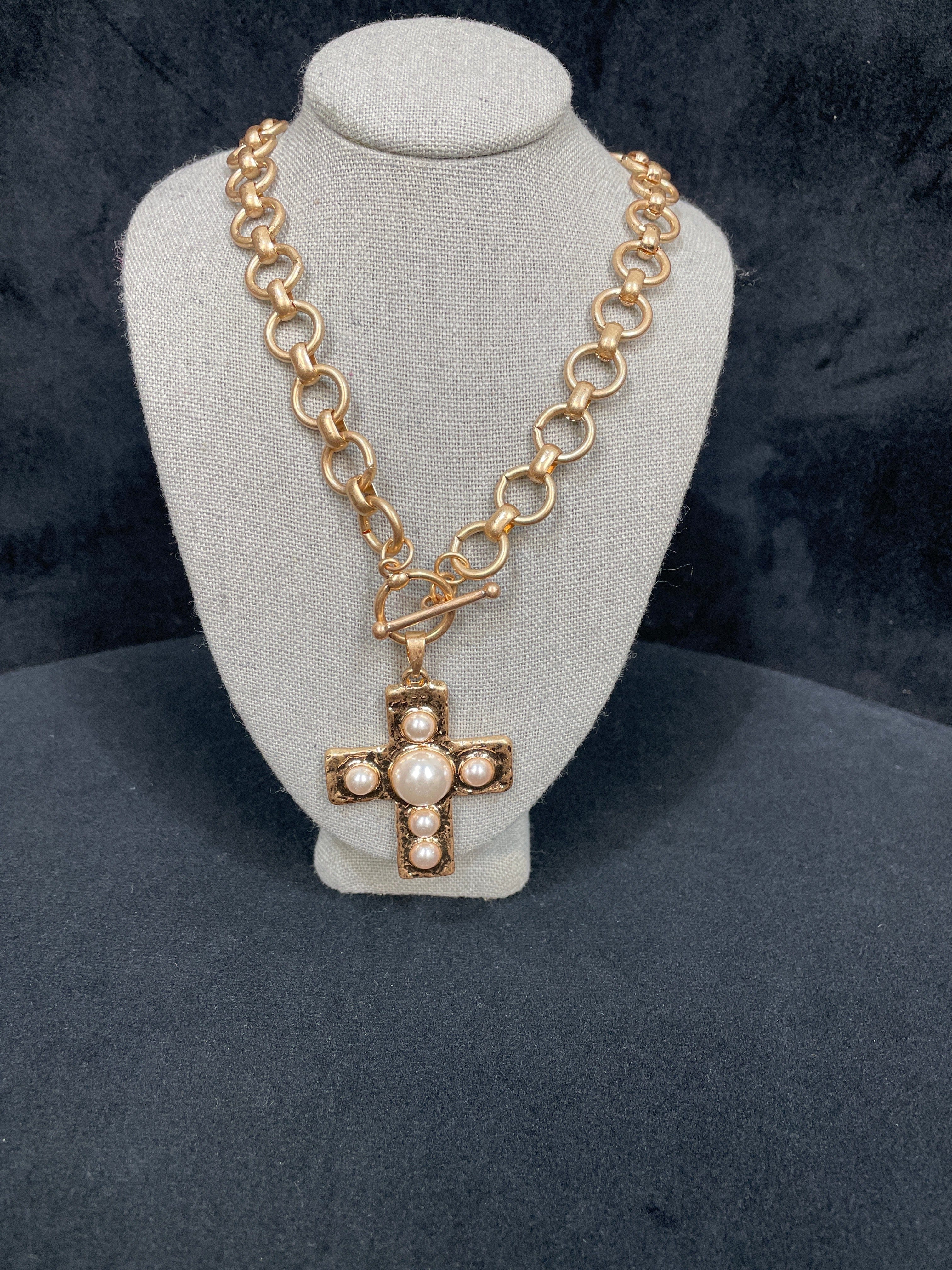 Gold Chain Link Large Pearl Cross Pendant Necklace