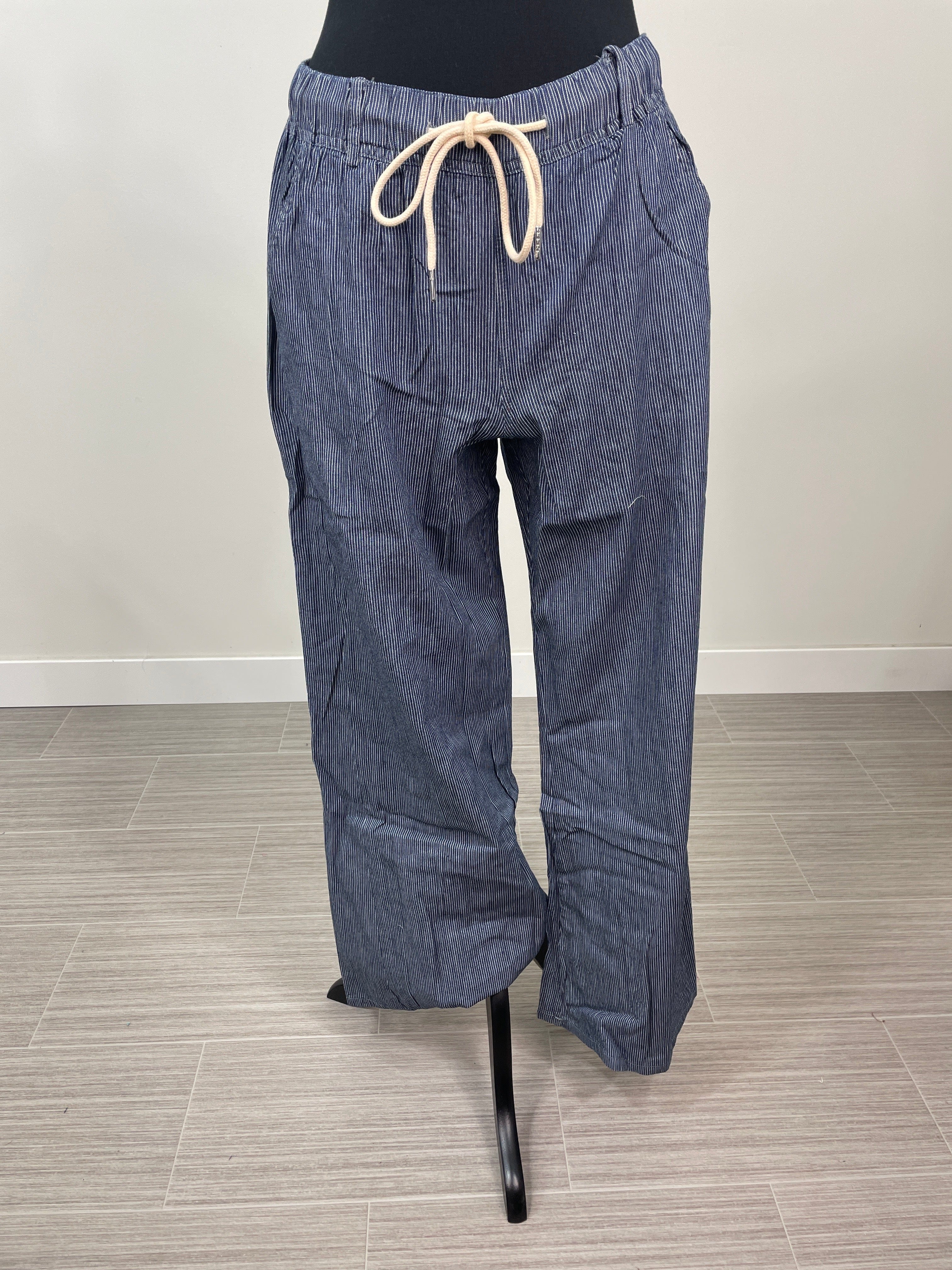 Navy Pinstripe Wide Leg Drawstring Pant