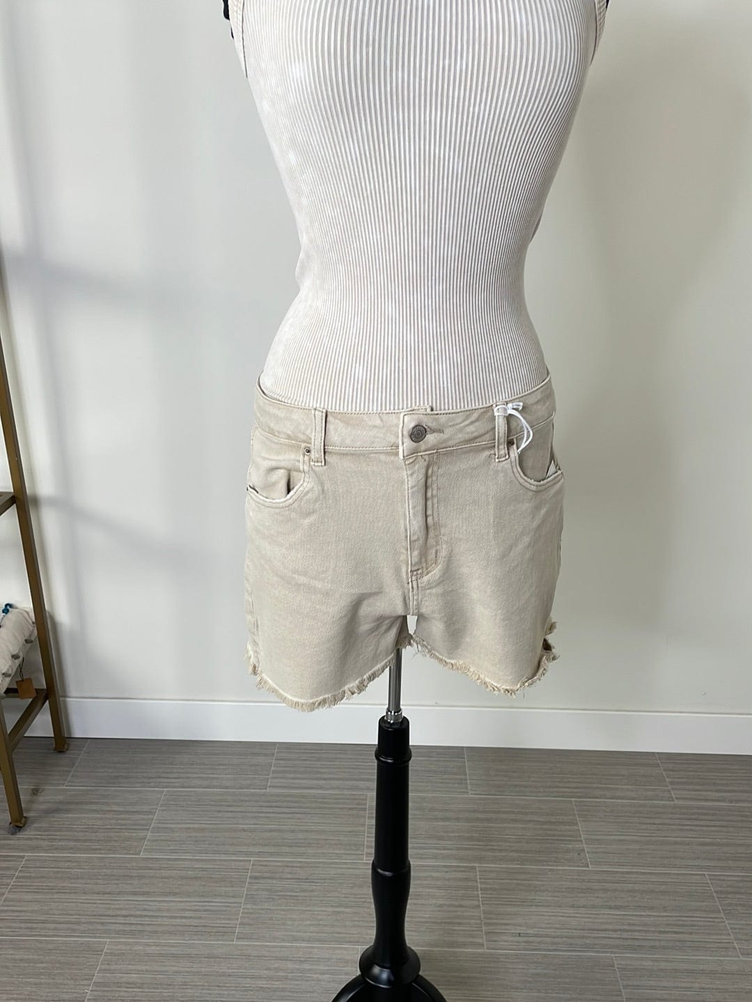 Sand Beige Acid Washed Frayed Shorts