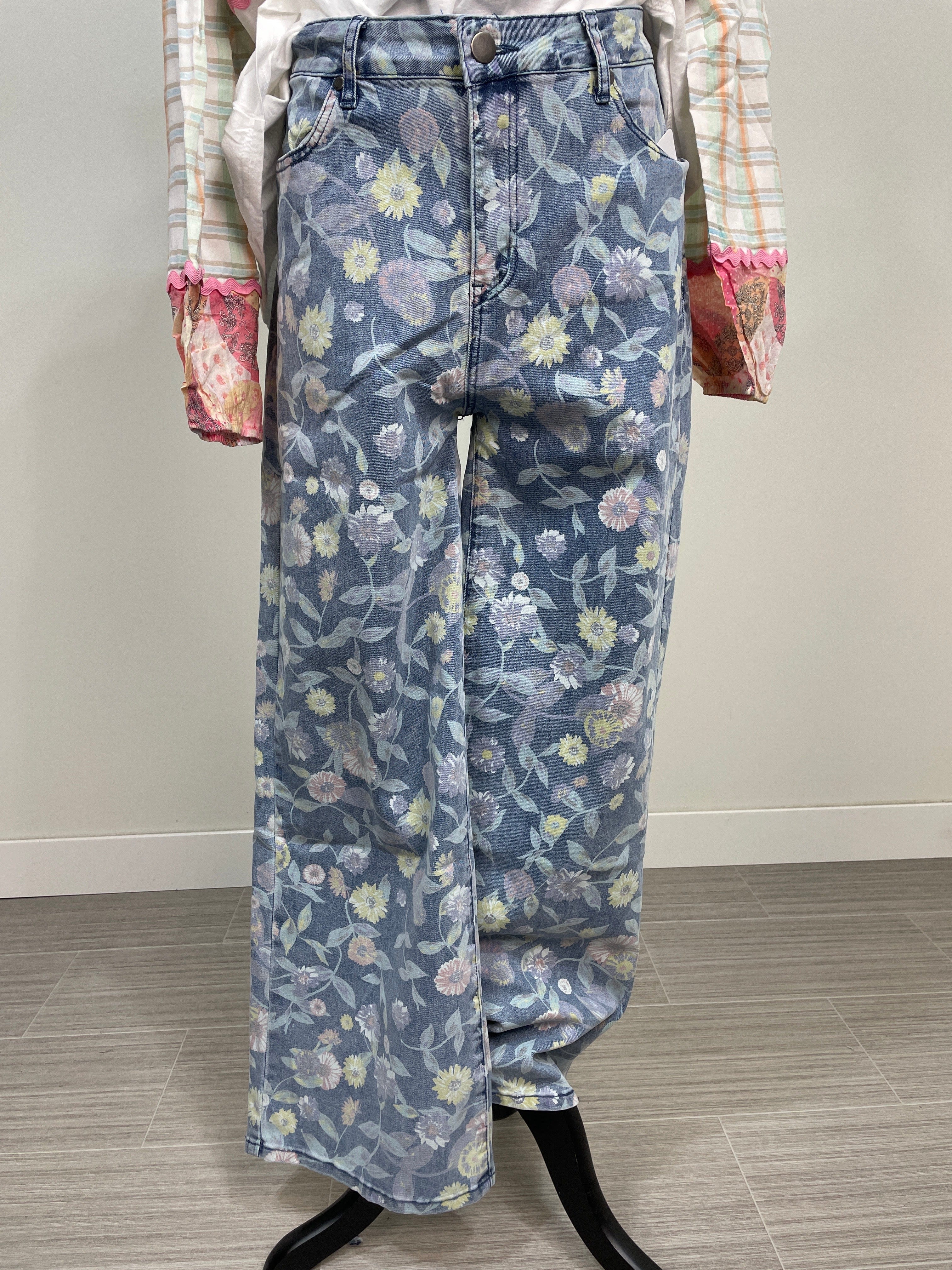 Floral Printed Washed Denim