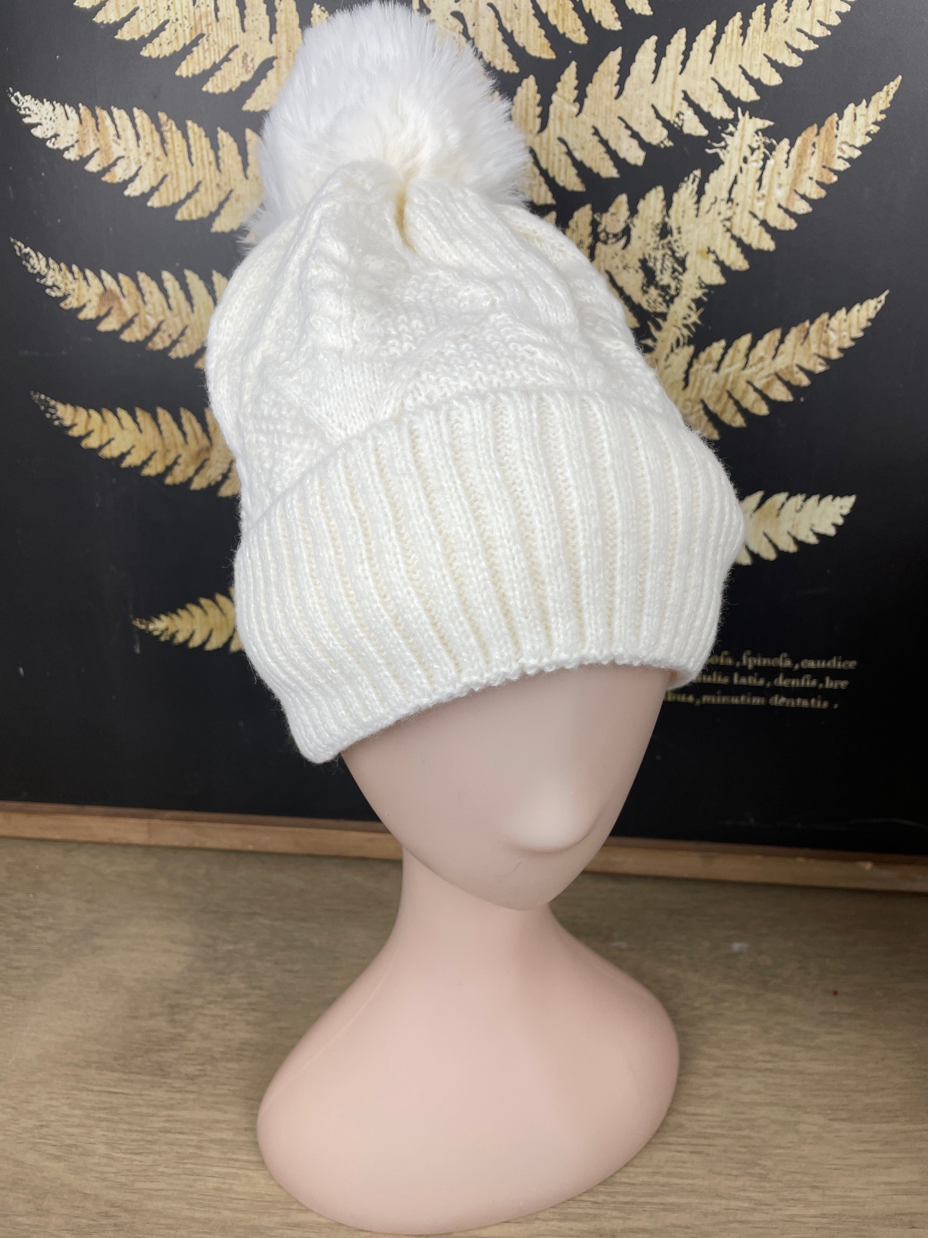 White Knit Texture Lined Hat