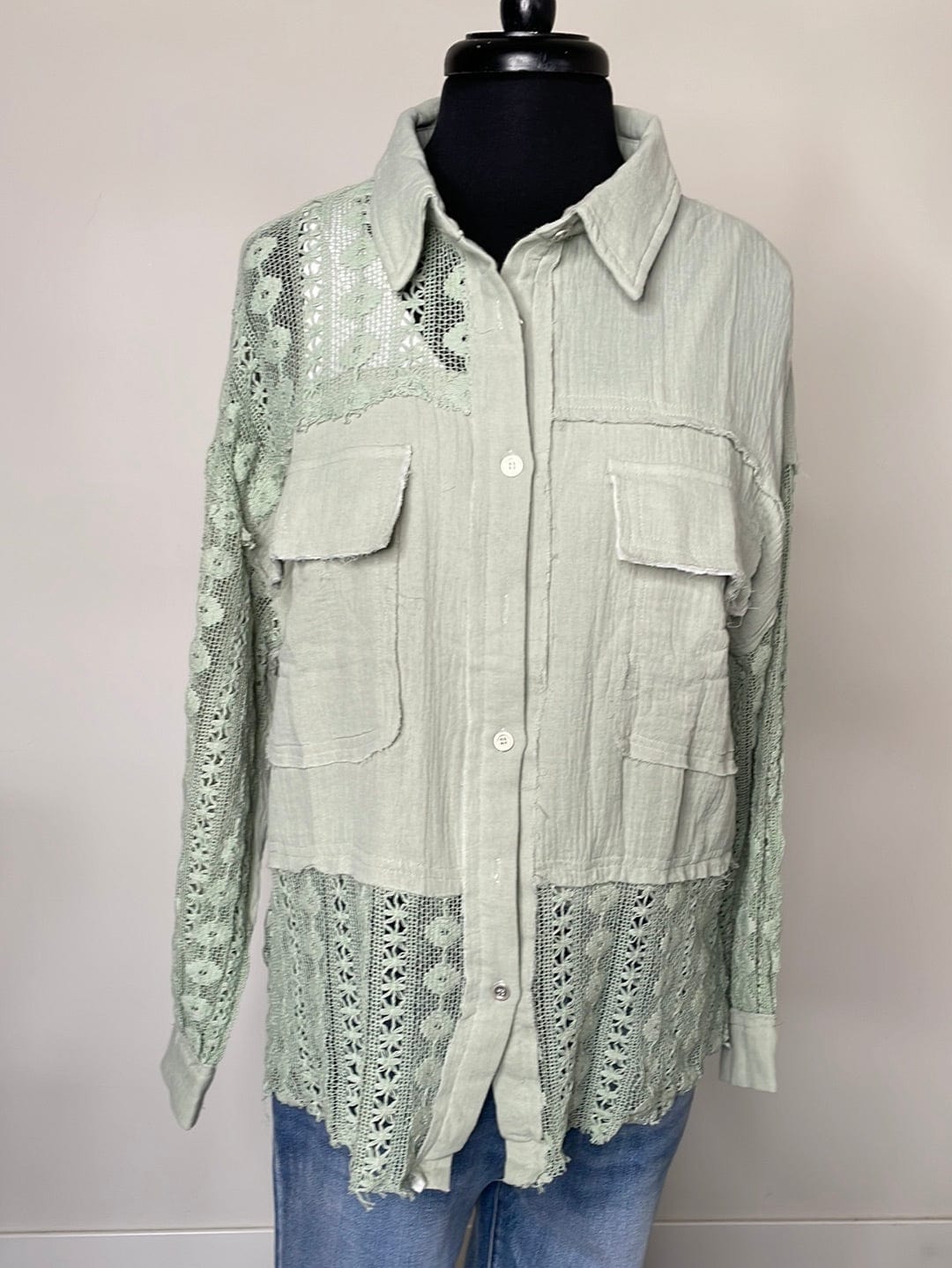 Sage Gauze w/Crochet Detail Top