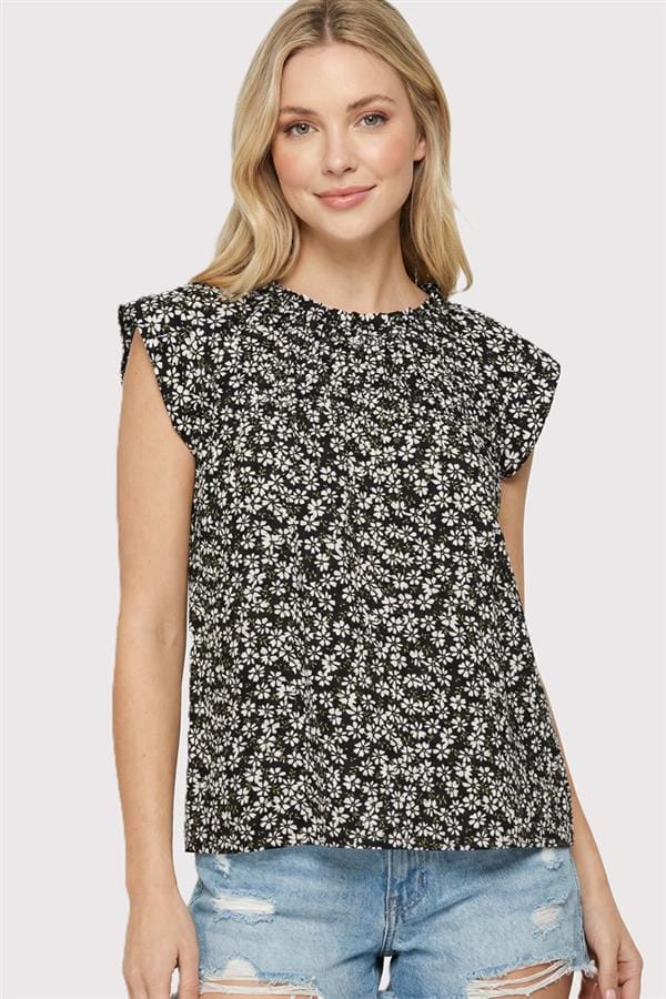 Black Floral Pleated Cap Sleeve Blouse