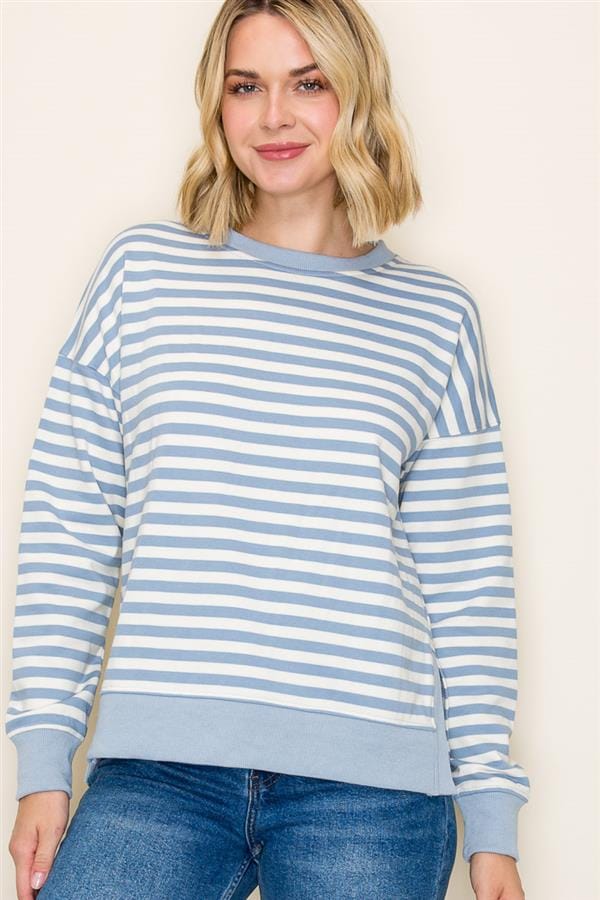 Sky Blue Stripe Rib Banded with Side Slits Pullover