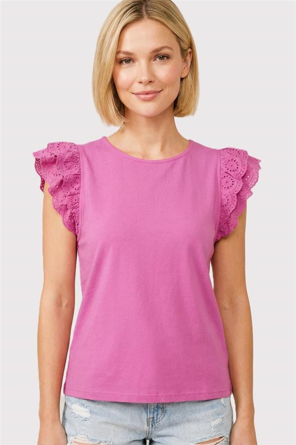 Dark Pink Eyelet Ruffle Cap Sleeve Top