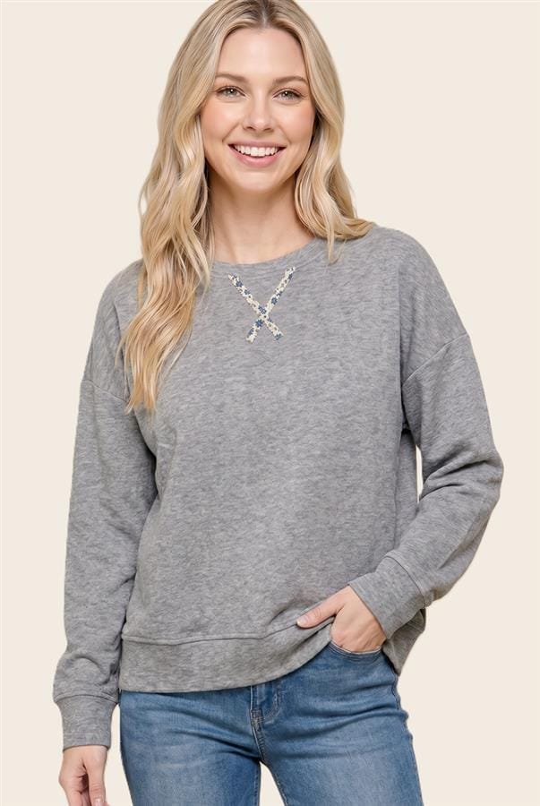 Heather Grey Floral Elbow Patch Pullover