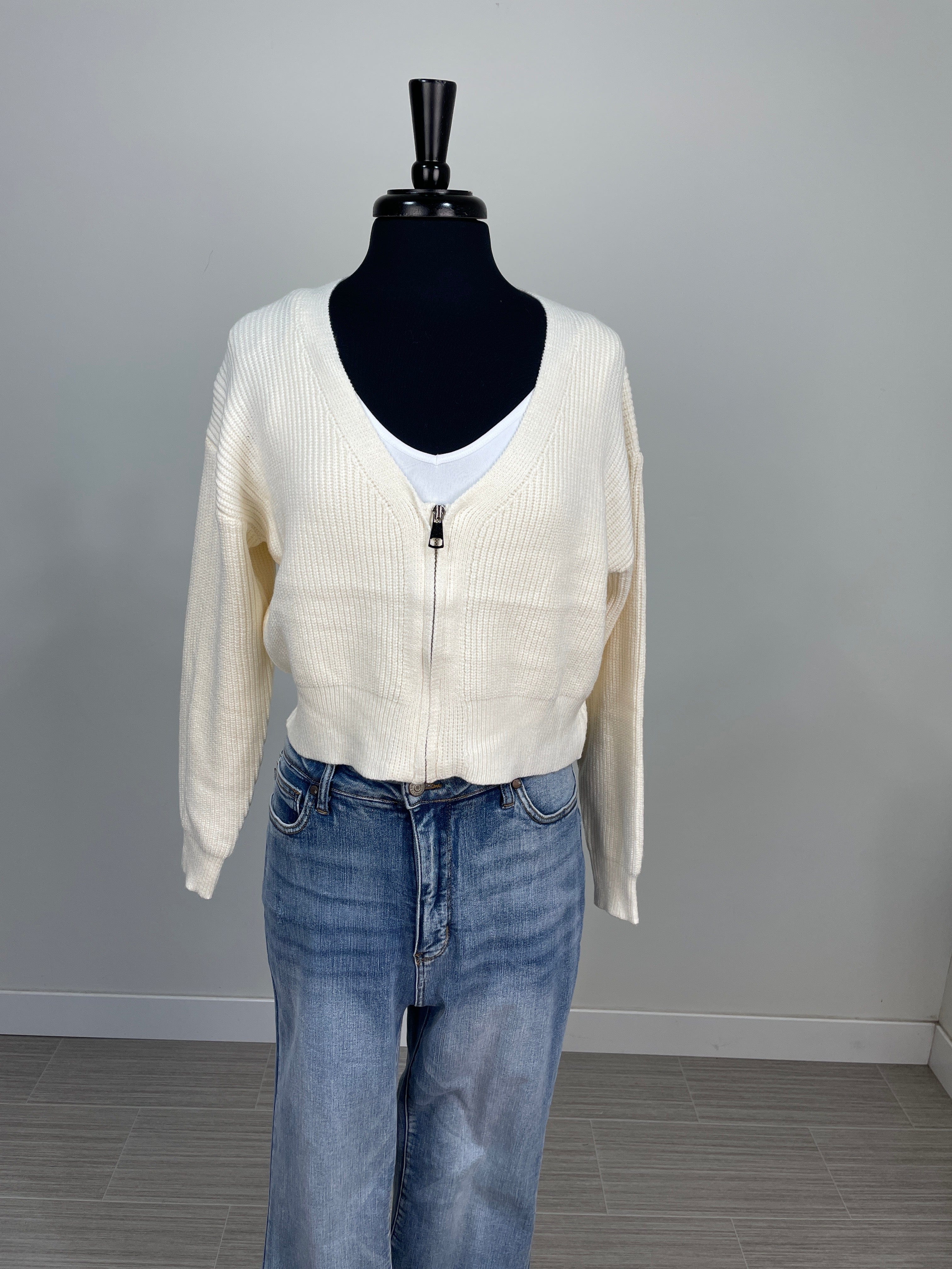 Cream Zippered Cropped Sweater