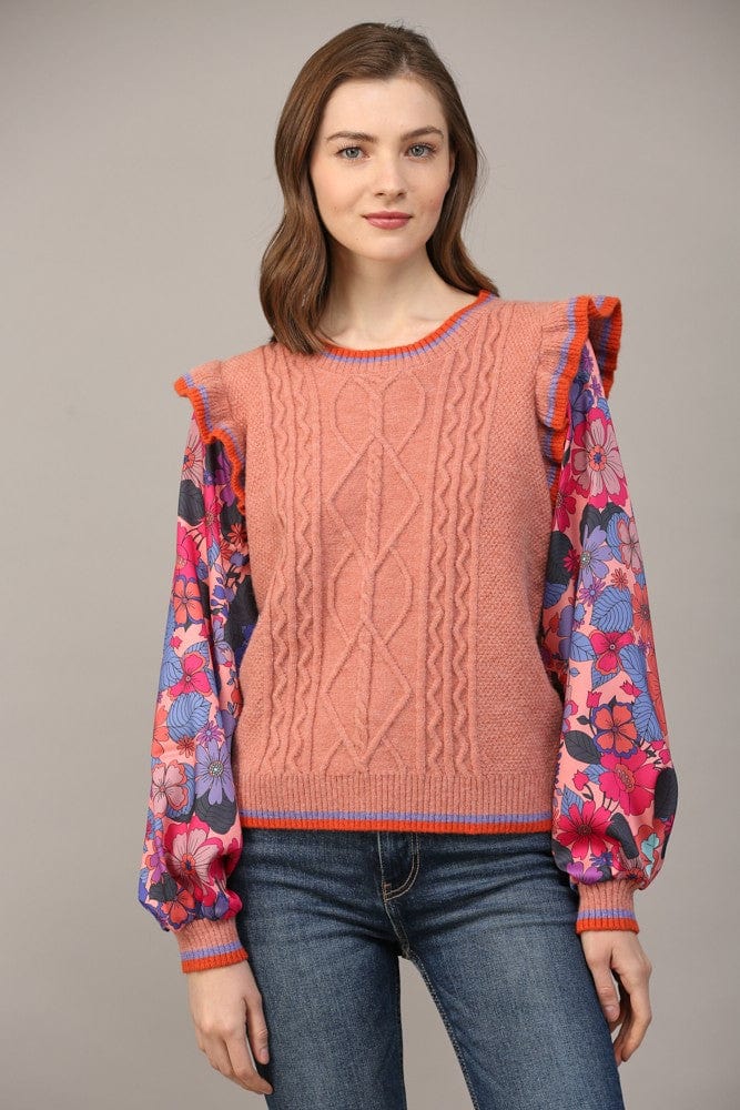 Apricot Contrast Floral Print Sleeve Ruffle Sweater