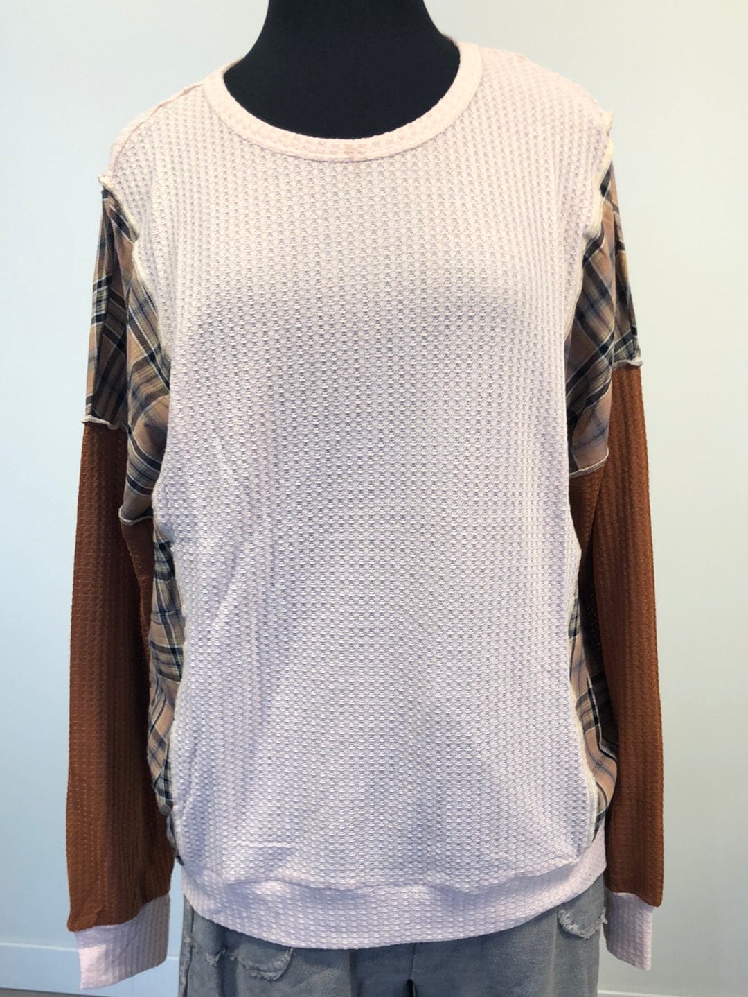 Blush Waffle with Rust Mixed Sleeve Top