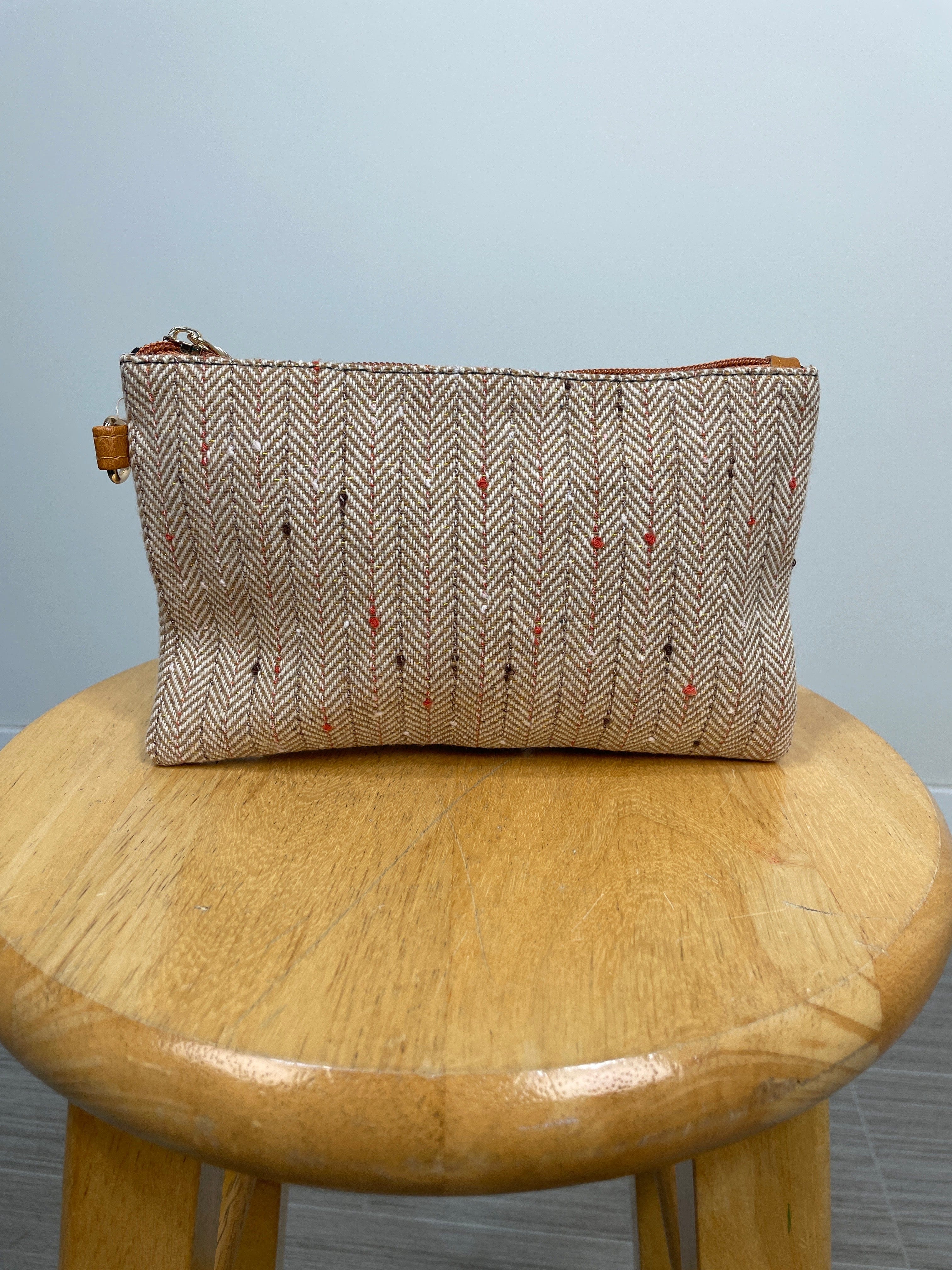 Brown Herringbone Wristlet Pouch Bag