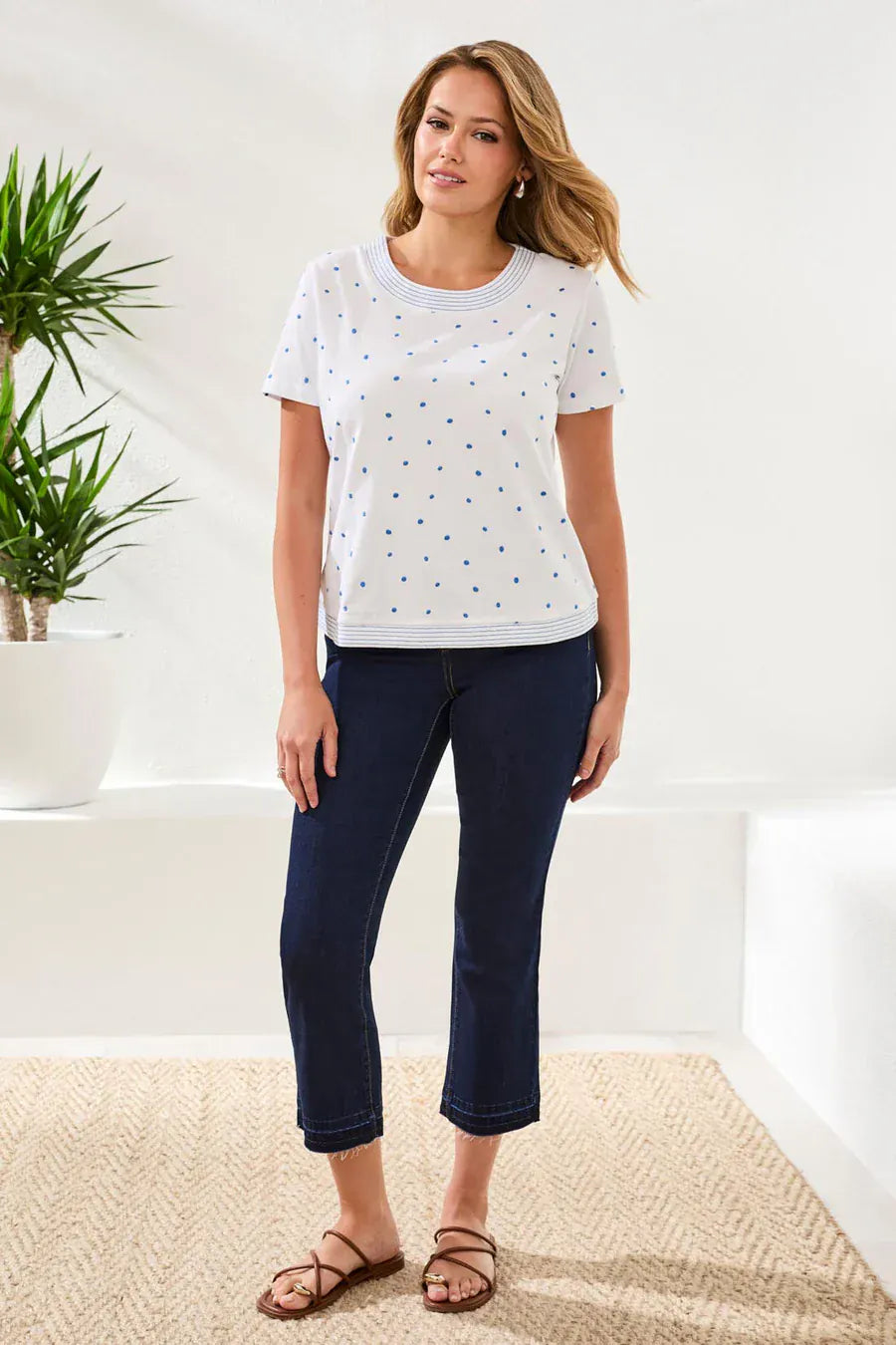 White Embroidered Polka Dot Knit Top