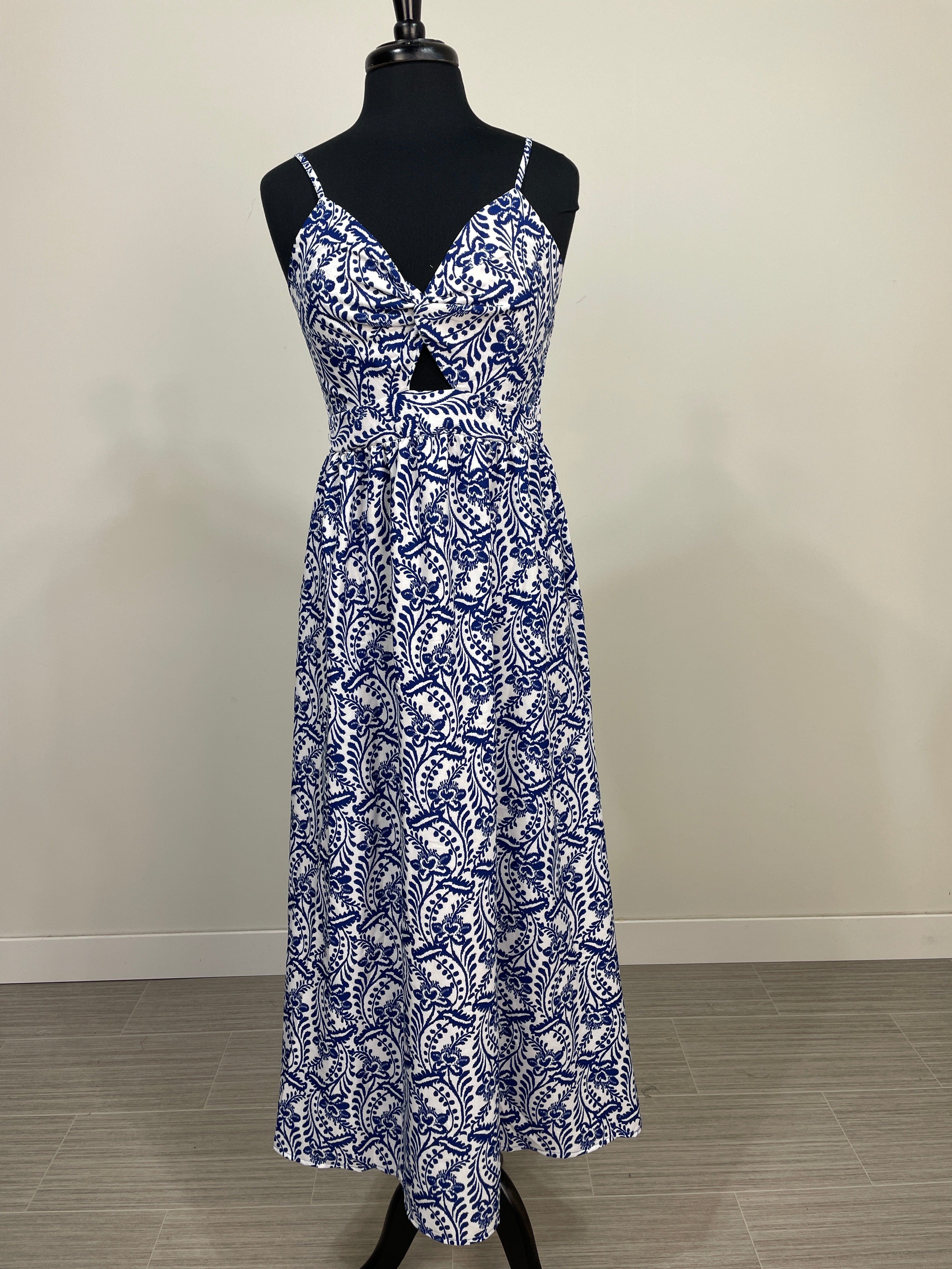 Blue Paisley Floral Print Keyhole Maxi Dress
