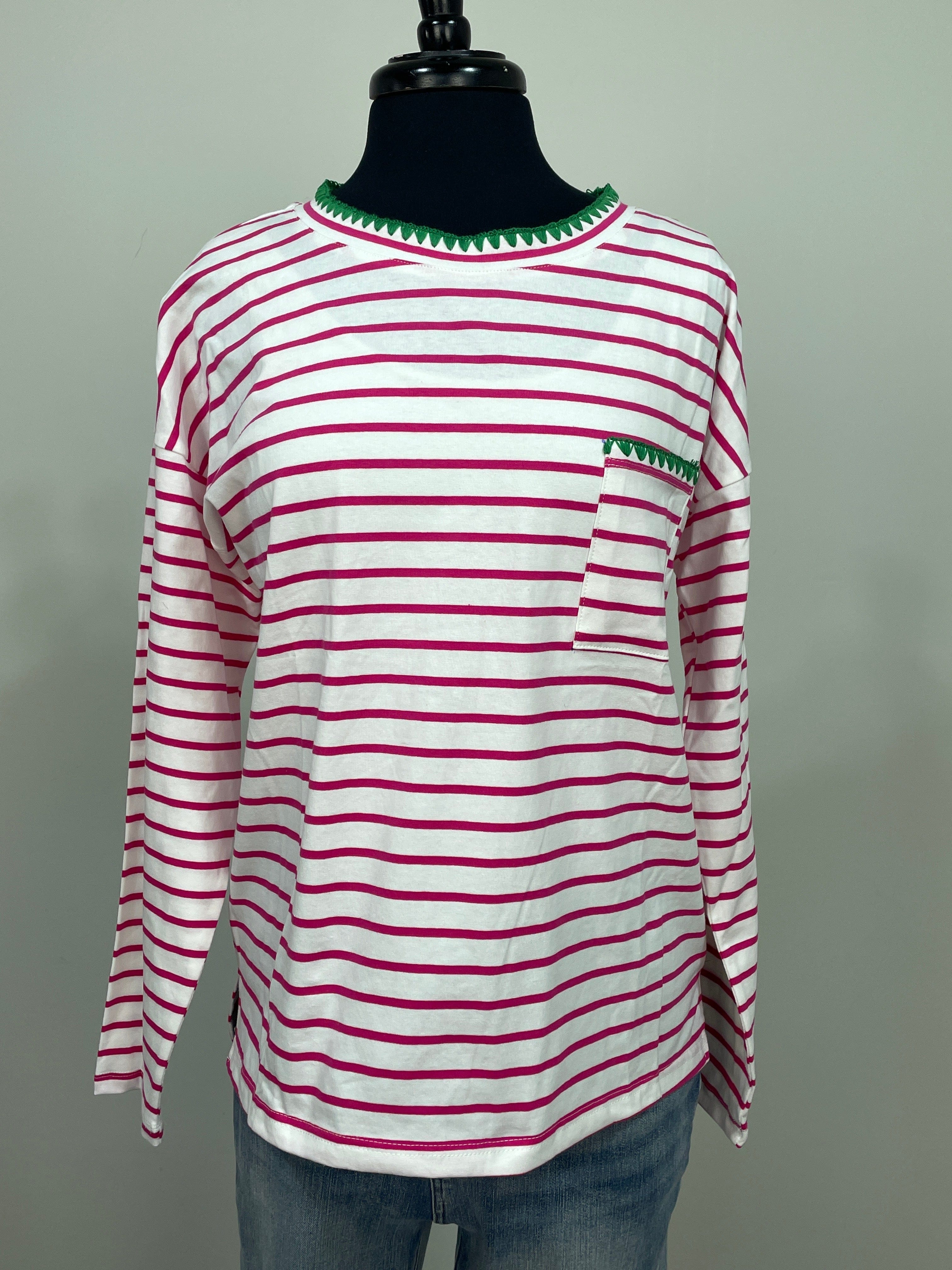 Fuchsia Blanket Stitched Jersey Striped Top