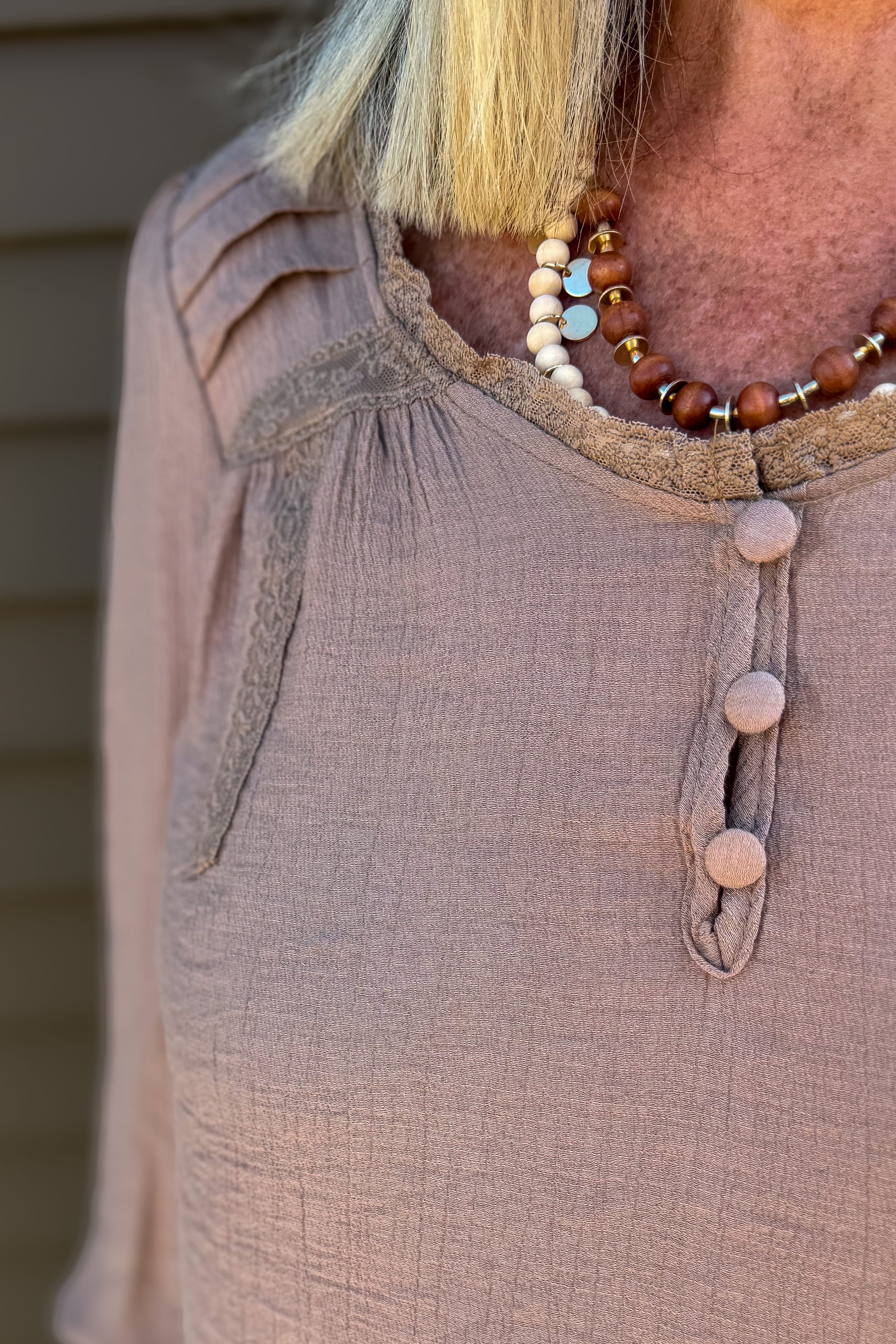 Mocha Crochet Trim Henley Top Detail