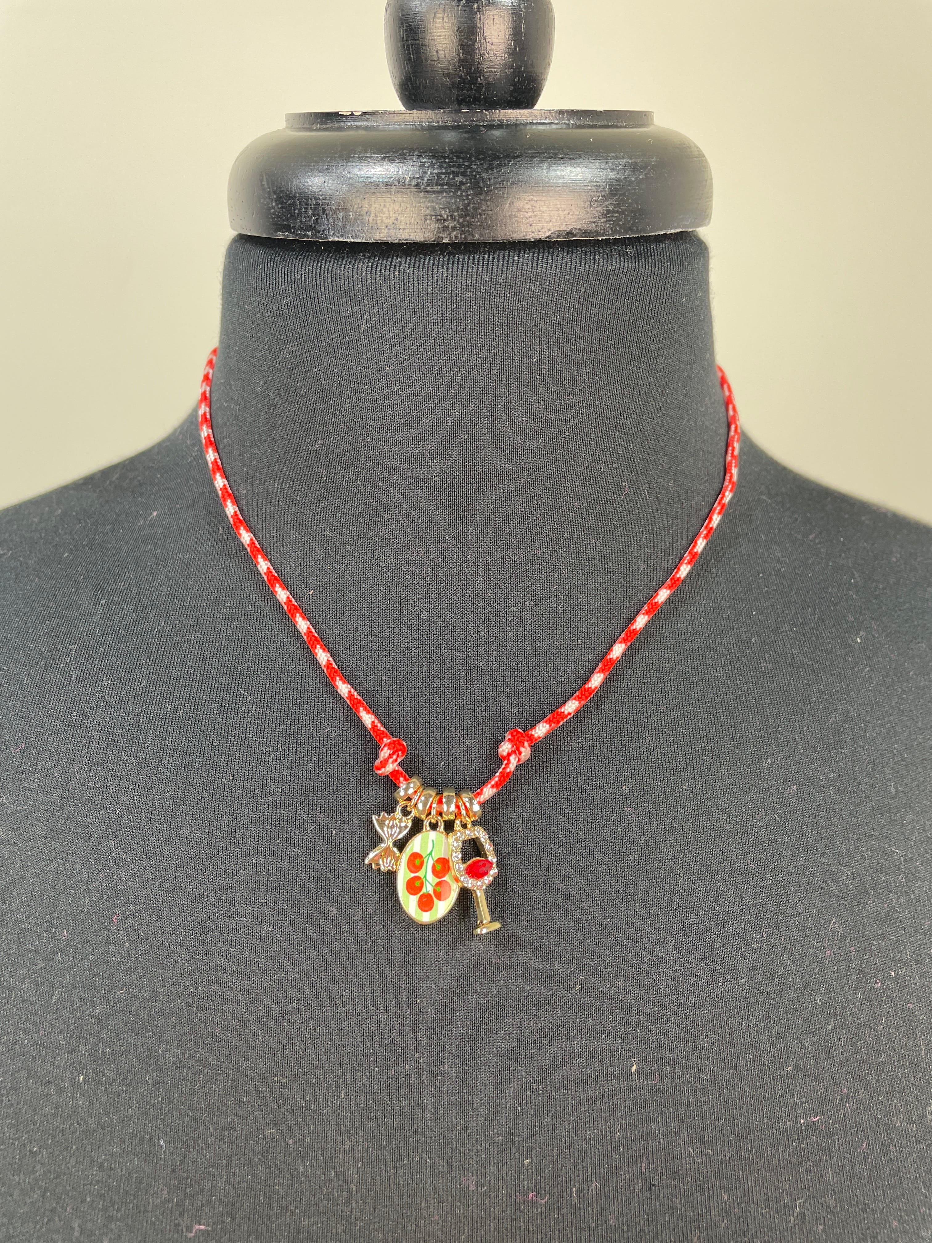 Red Tomato & Pasta Charms Rope Necklace