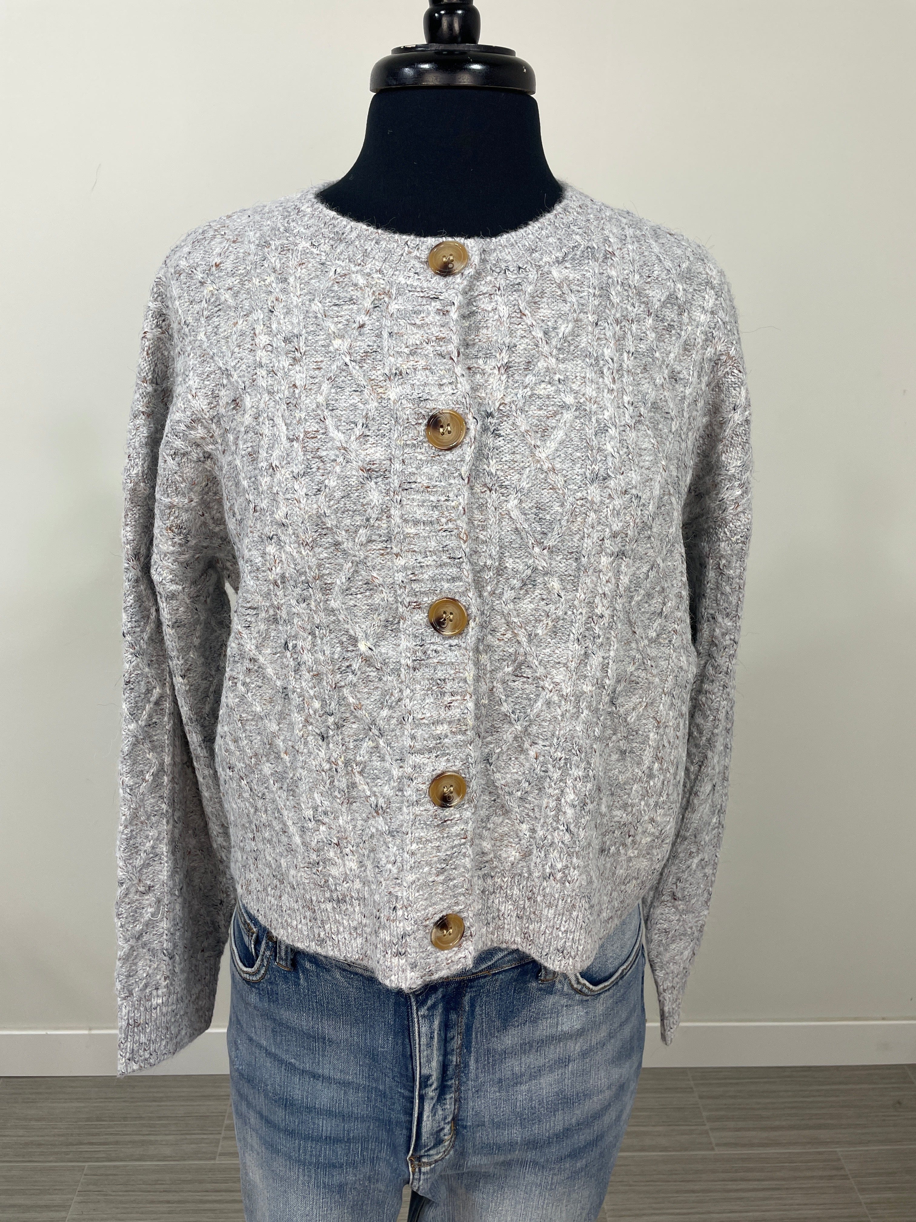 Heather Grey Confetti Button Up Sweater