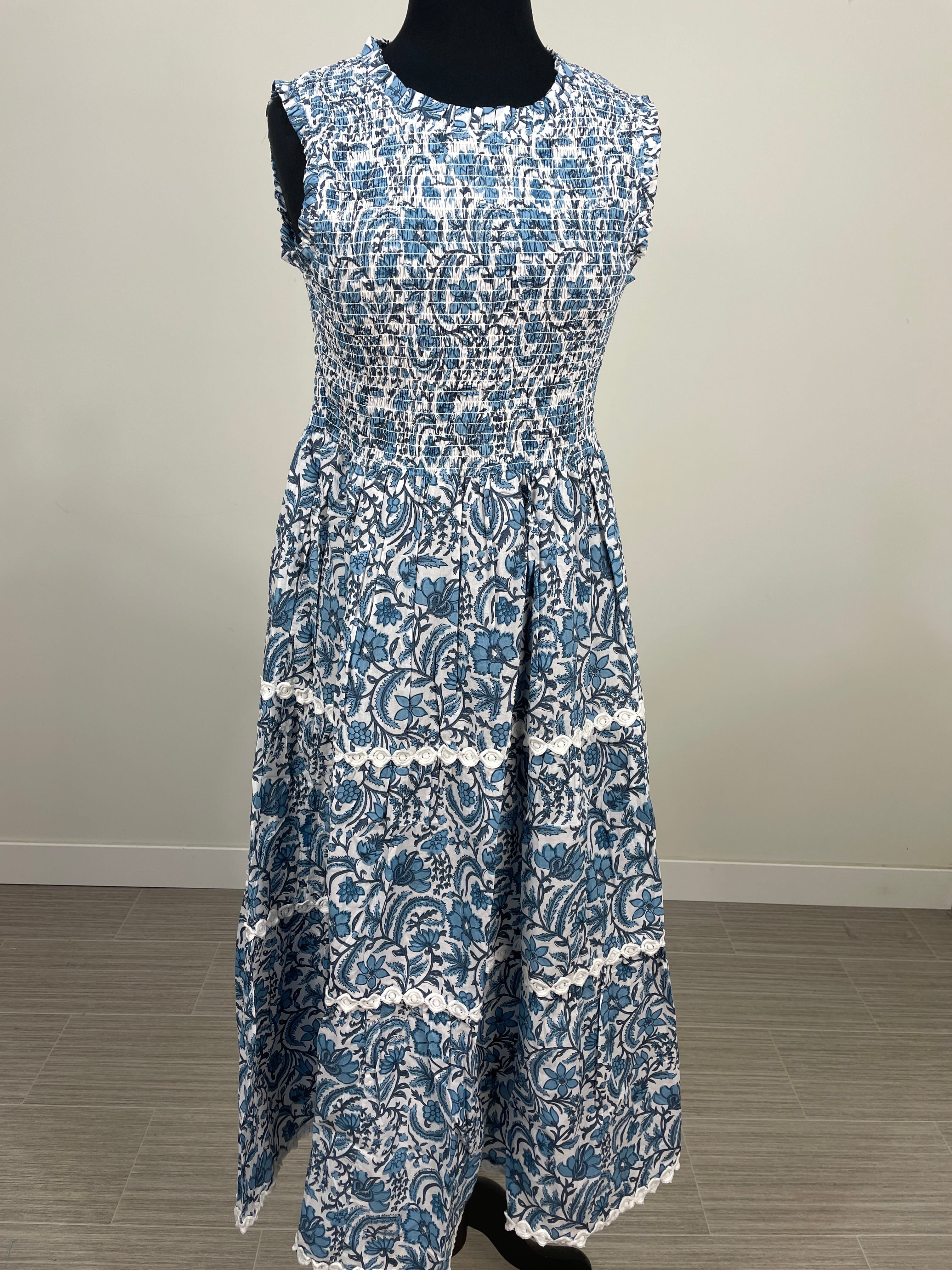 Blue Floral Print Smock Maxi Dress
