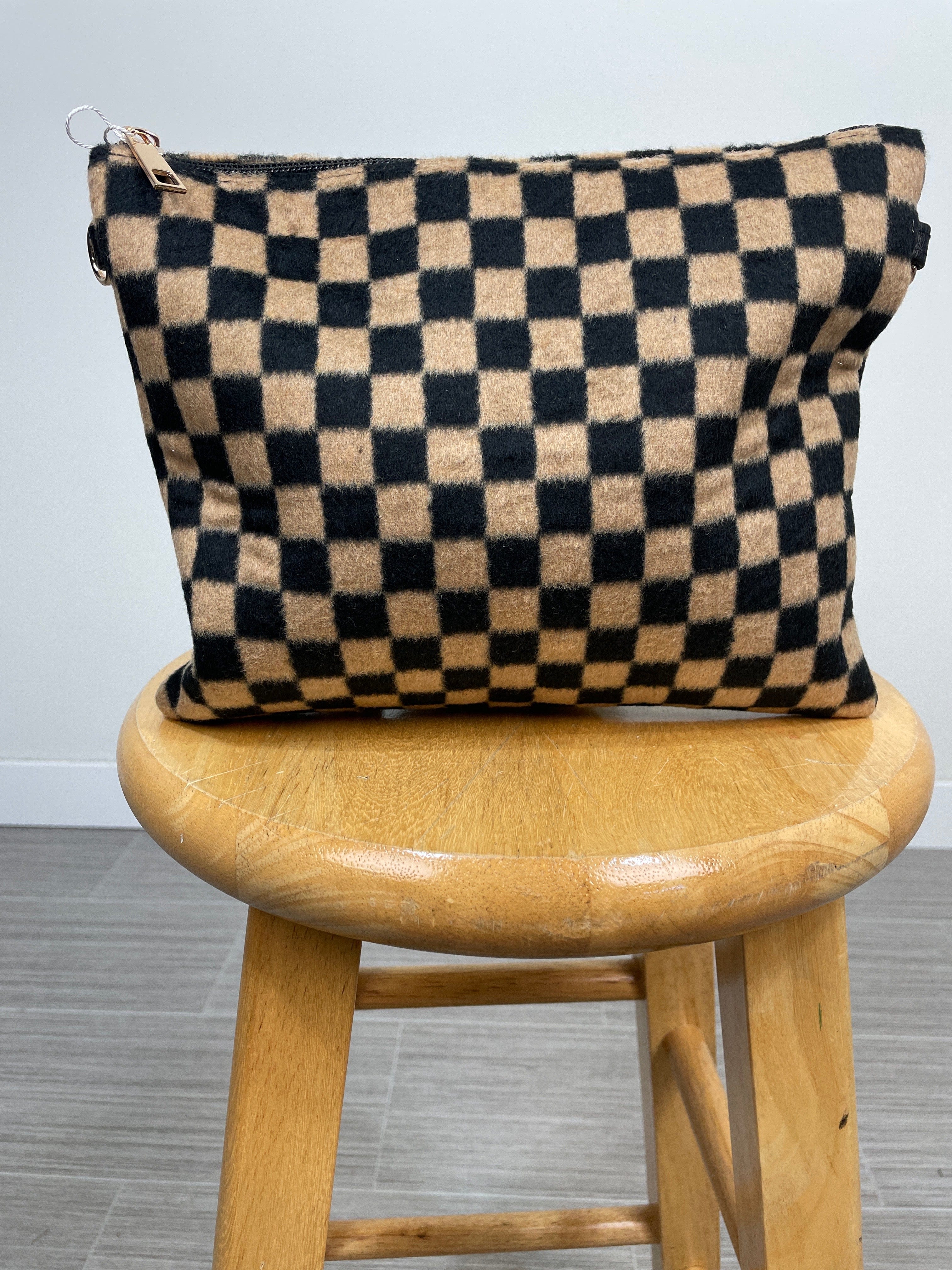 Brown Checkerboard Crossbody with Wristlet