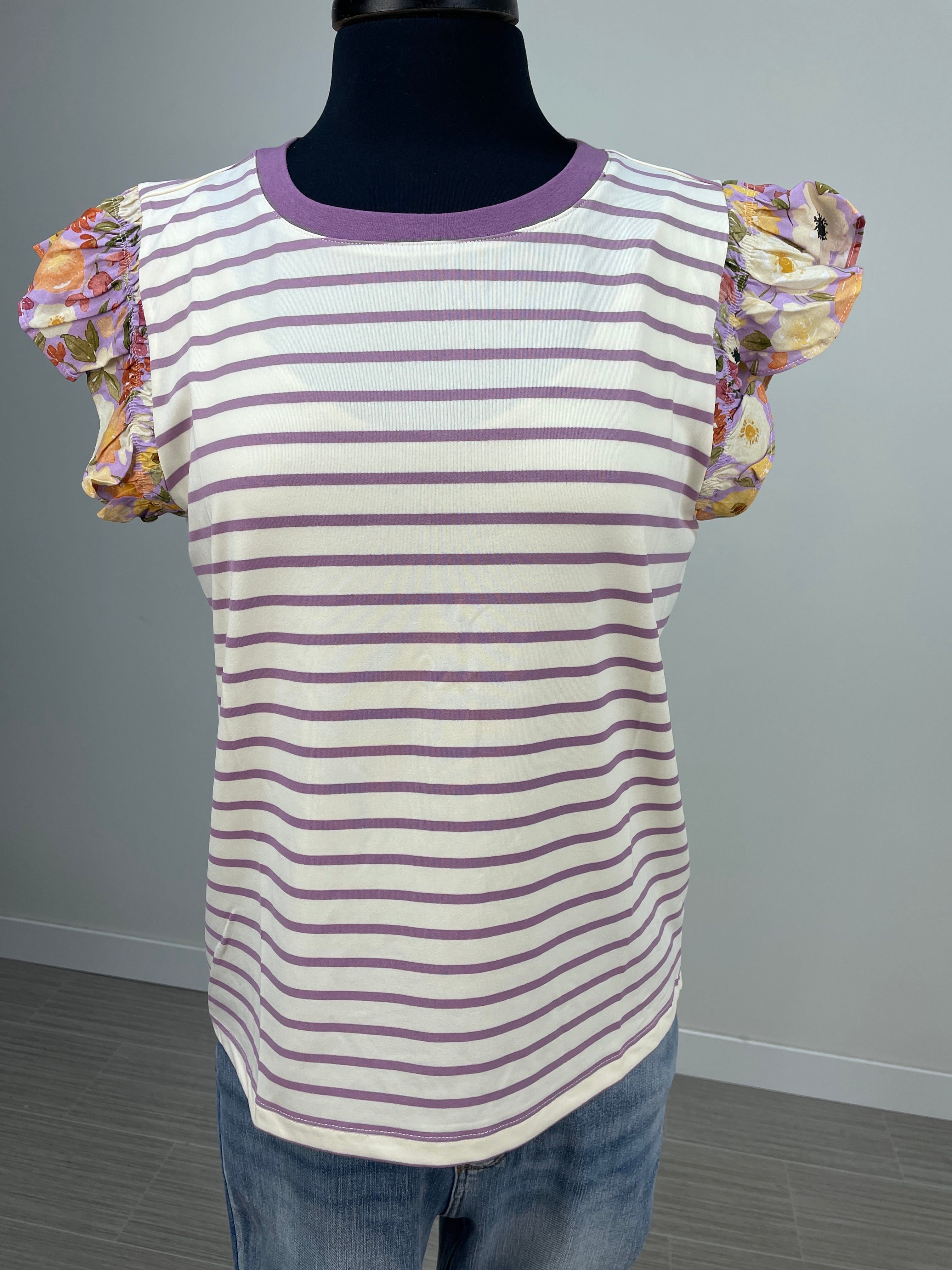Lavender Stripe Floral Ruffle Sleeve Top
