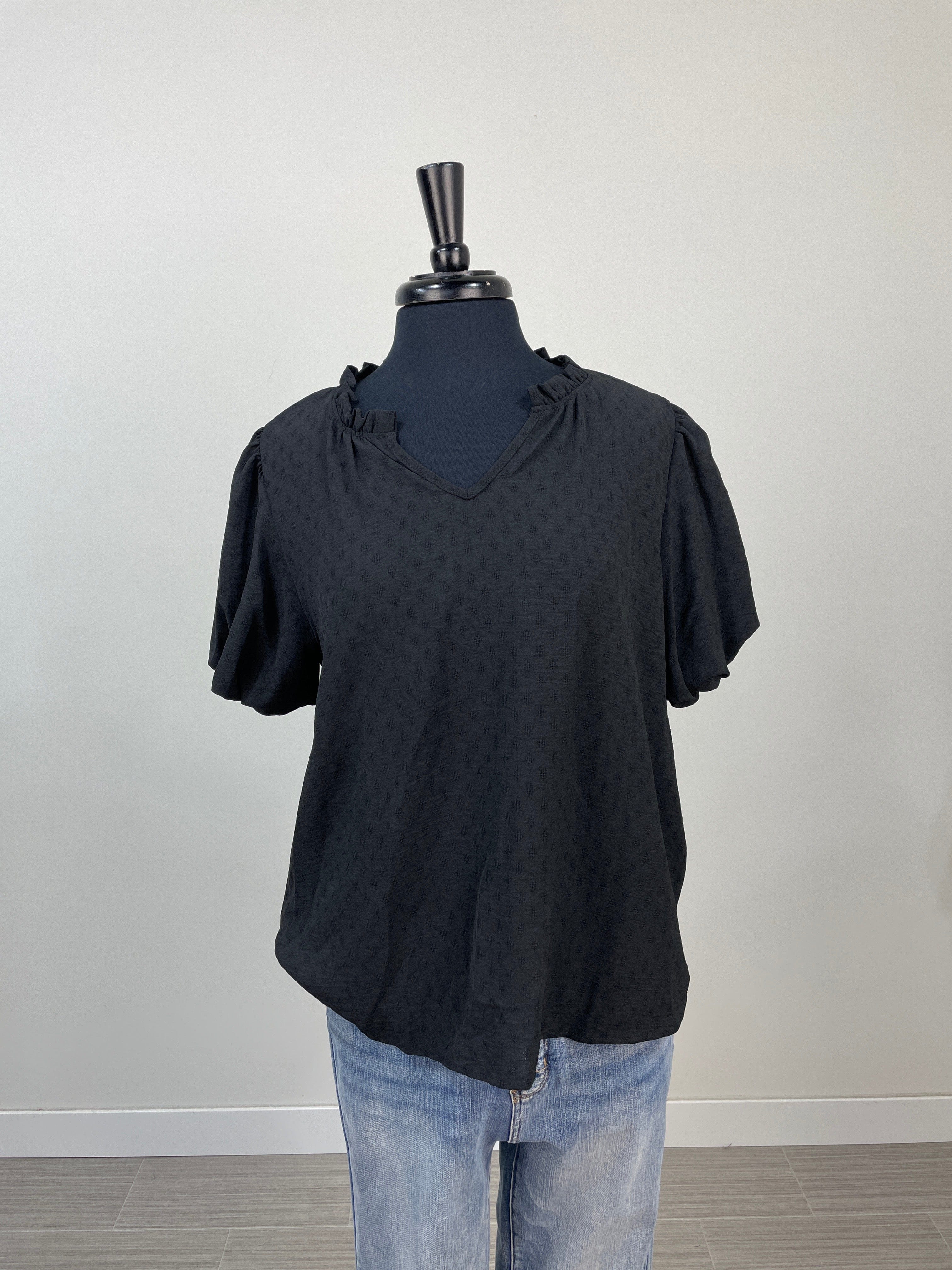 Black Diamond Texture Puff Sleeve Blouse