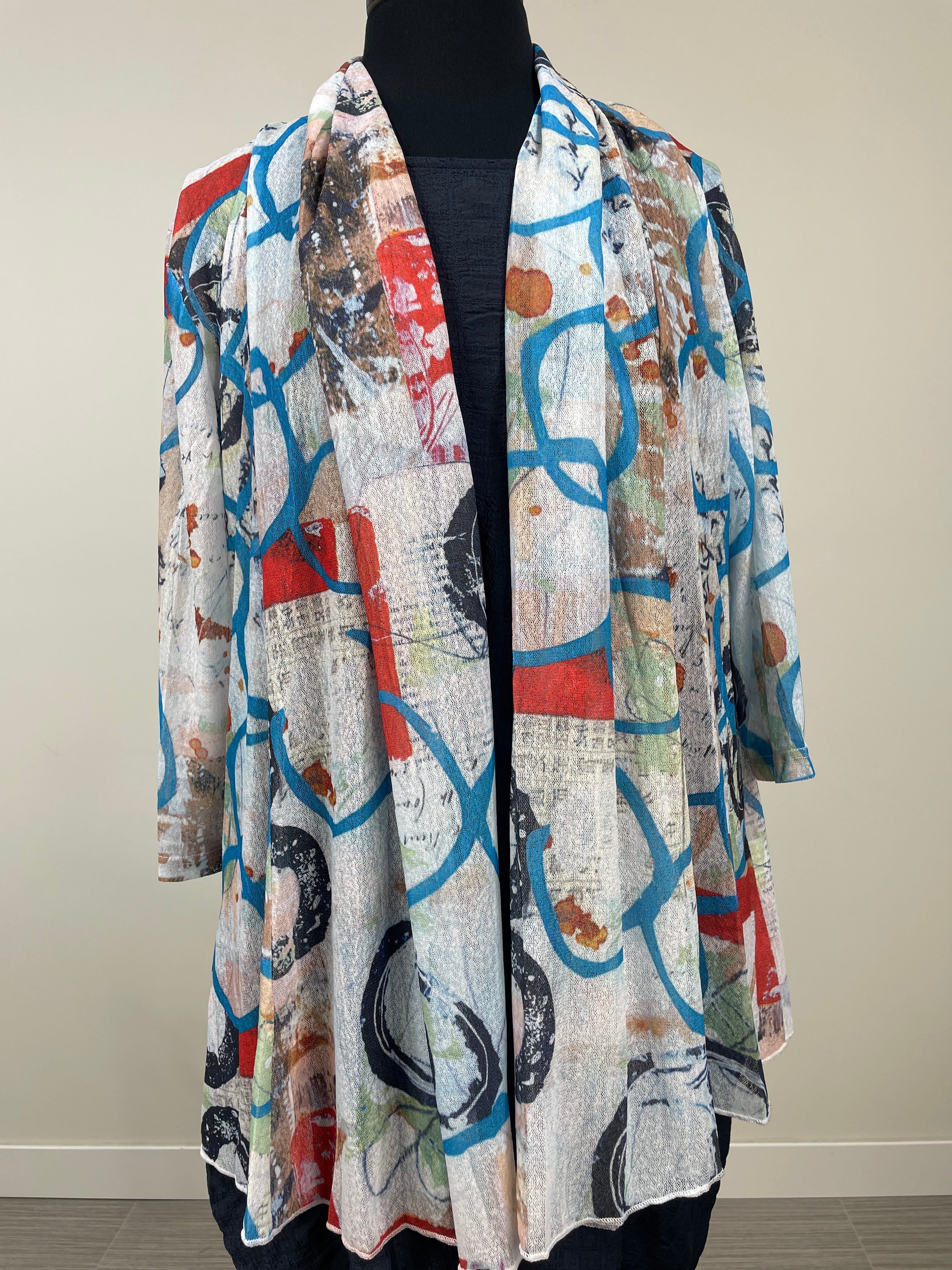 White & Purple Abstract Art Print Mesh Cardigan