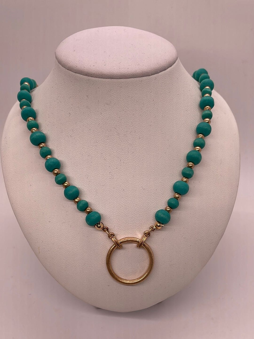 Turquoise Wood Bead & Gold Circle Necklace