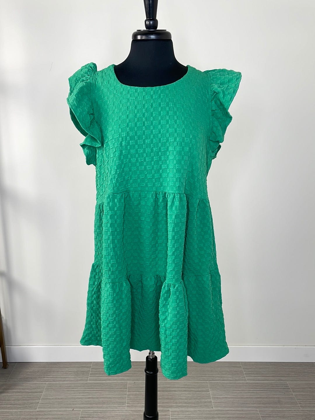 Kelly Green Textured Jacquard Tiered Dress