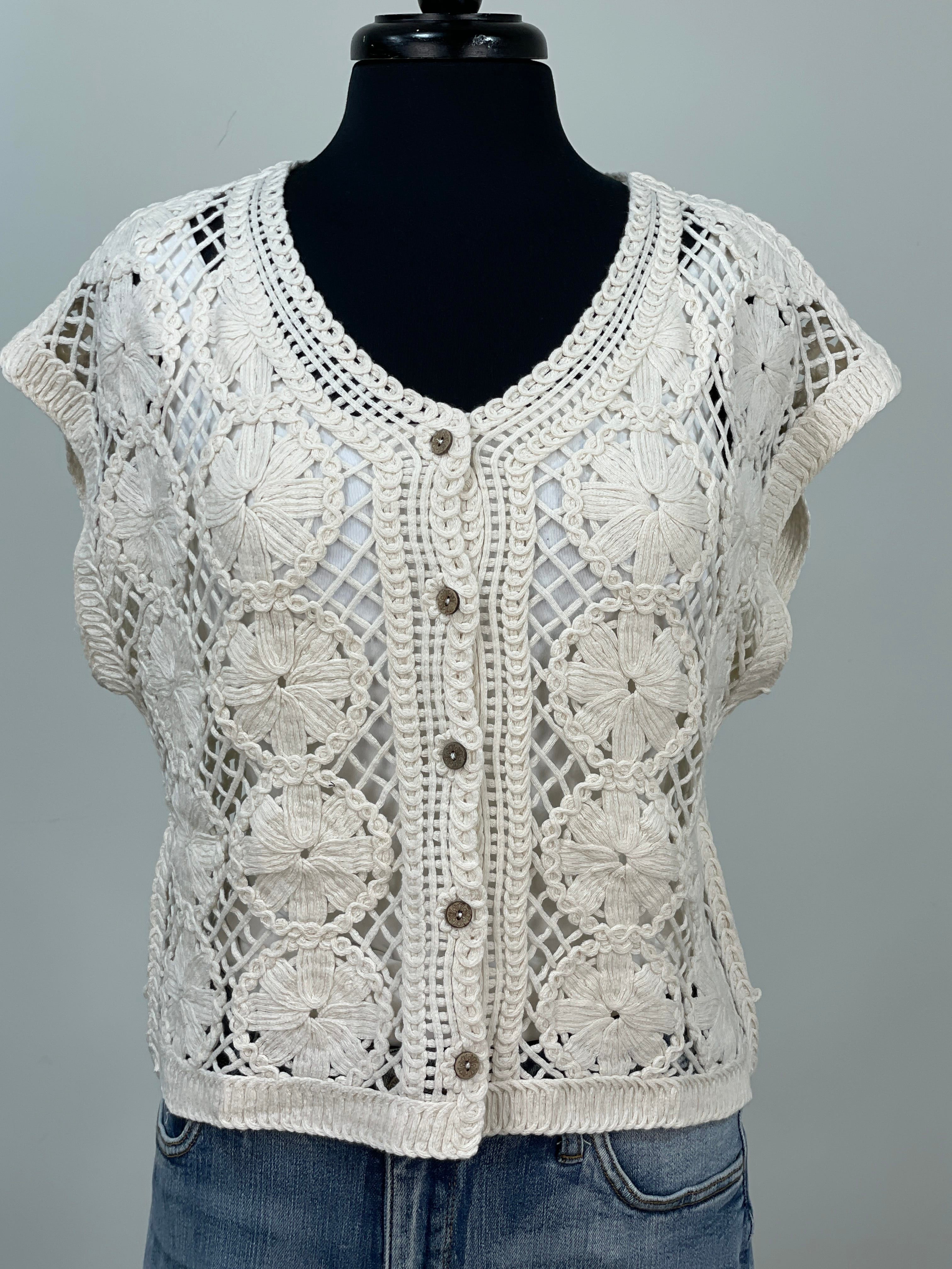 Beige Floral Crochet Cardigan Sweater