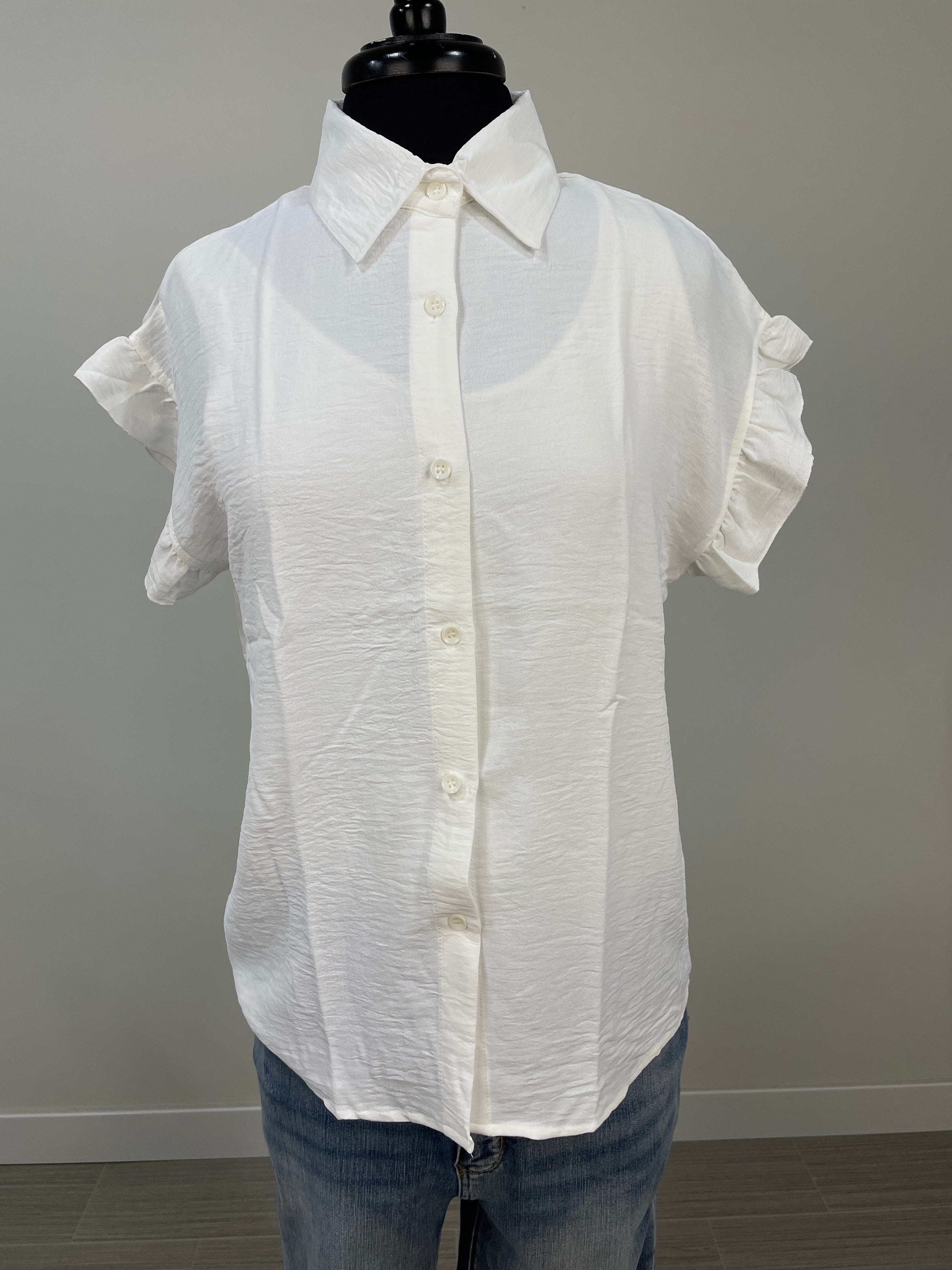 White Ruffle Sleeve Button Blouse