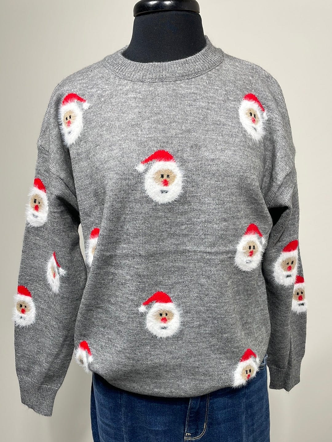 Santa Clause Pattern Grey Crewneck Sweater