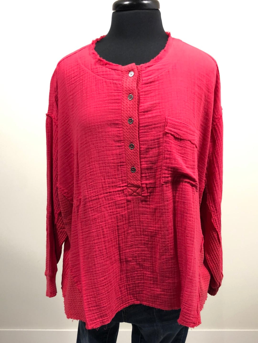 Viva Magenta Gauze Oversized Button Henley Top