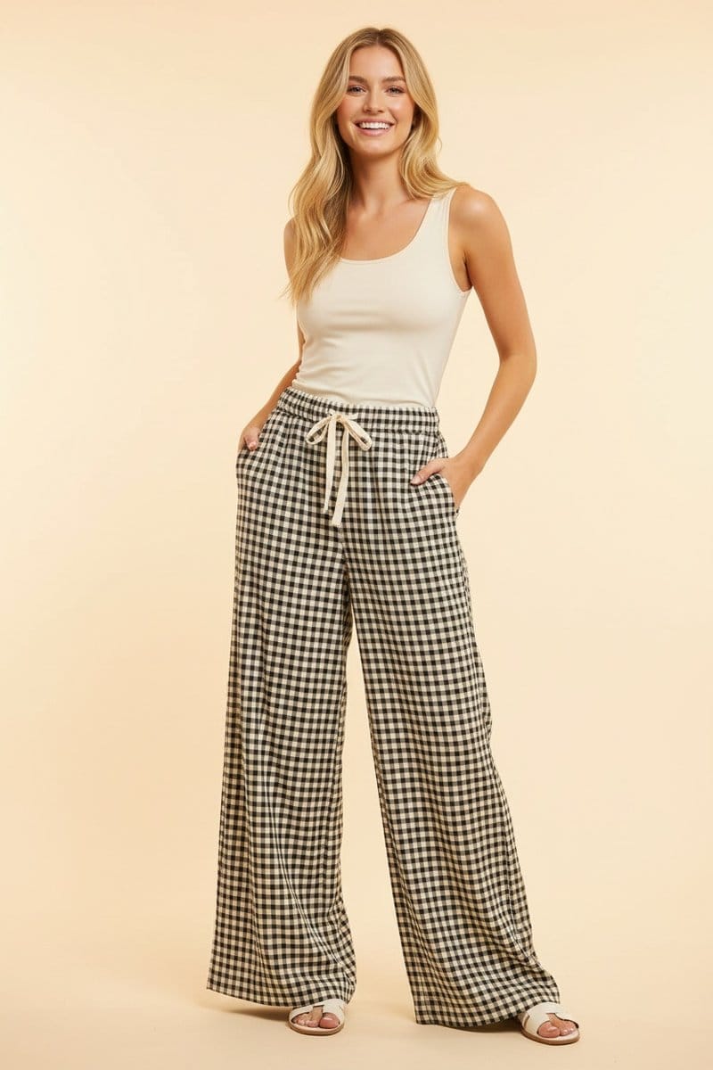 Black Gingham Flowy Wide Leg Pant