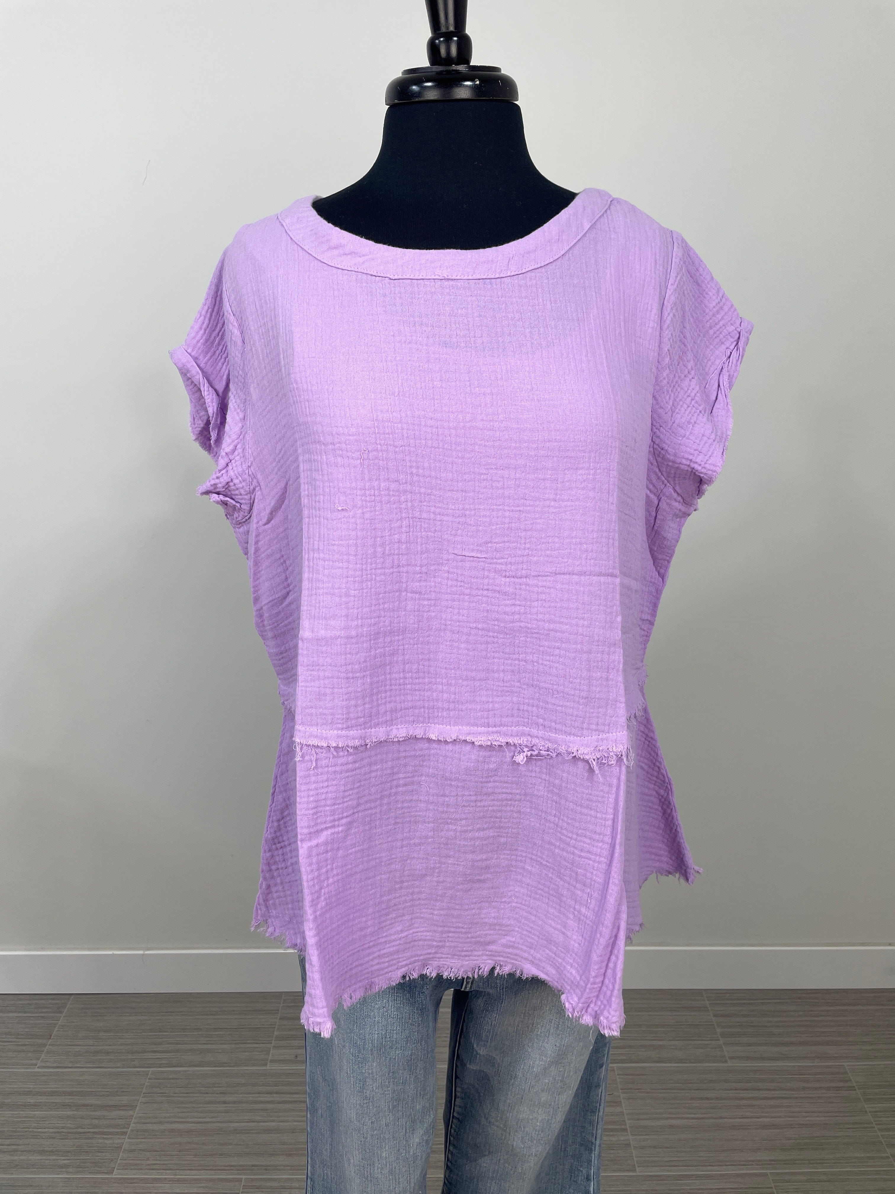 Lavender Gauze Rolled Sleeve Pullover Top