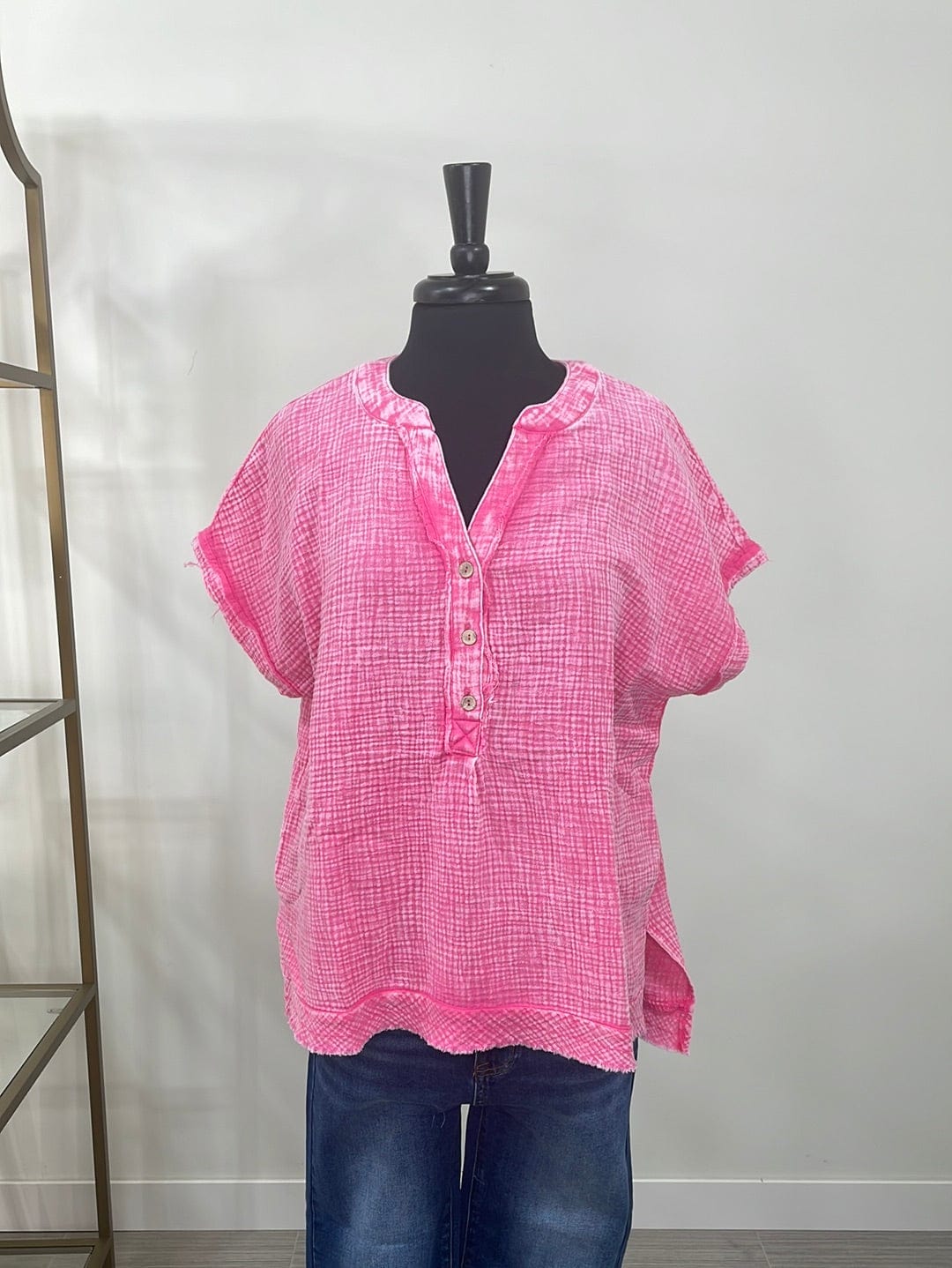 Fuchsia Gauze 3/4 Button Henley Top