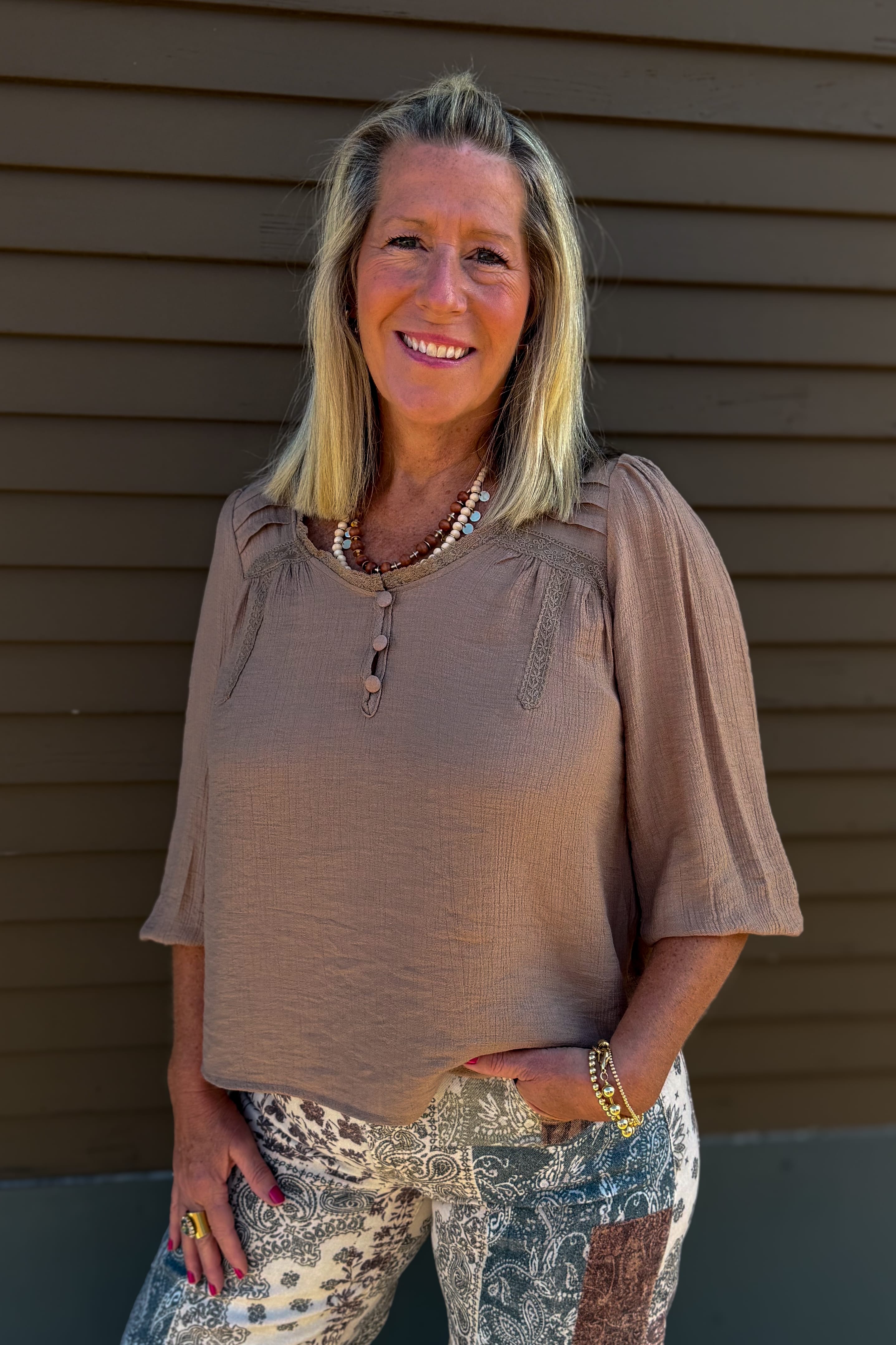 Mocha Crochet Trim Henley Top