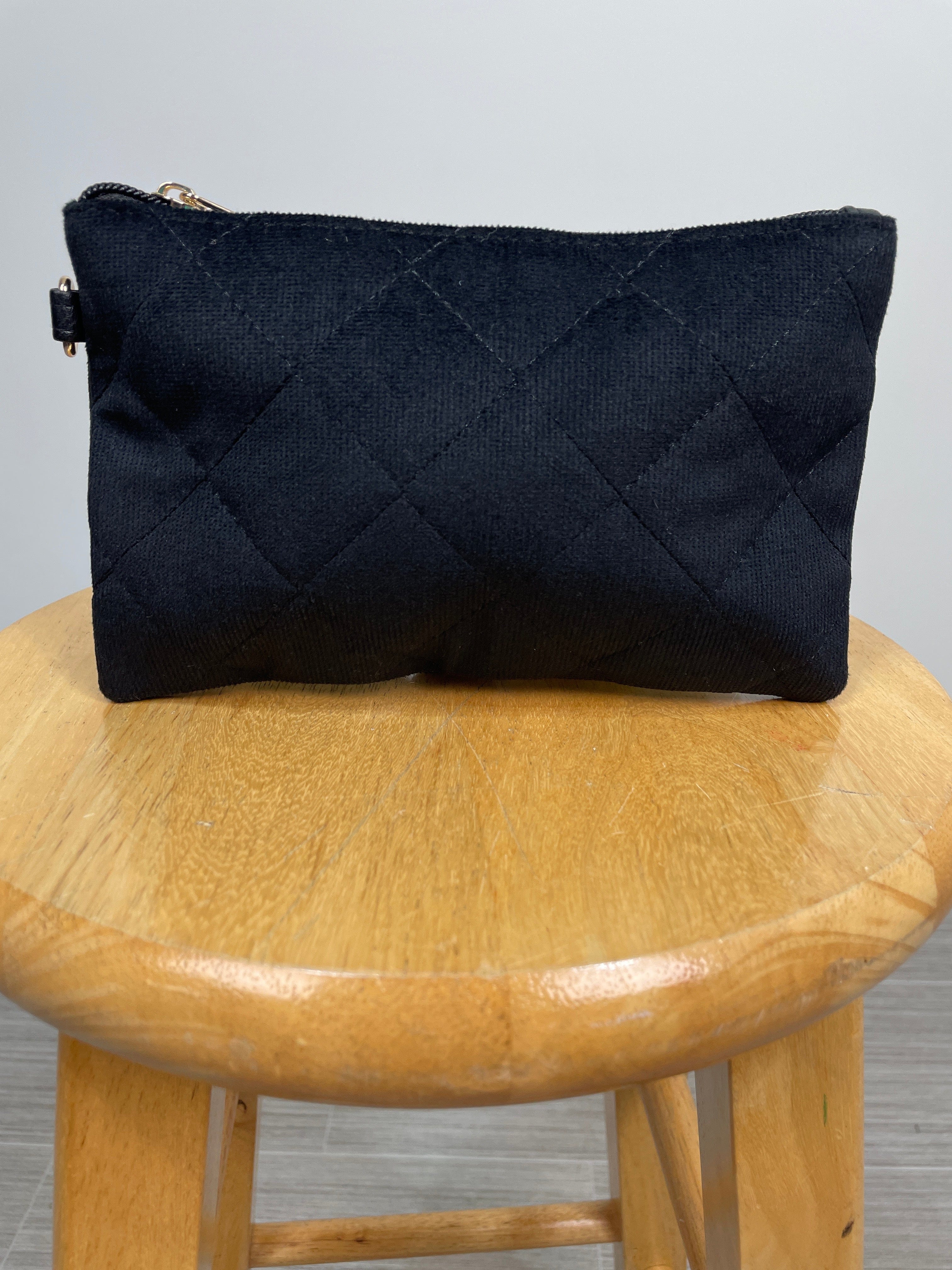Black Quilted Velvet Wristlet Pouch Bag