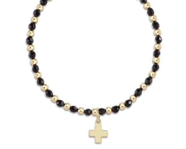 Gold Grateful Pattern 3mm Bead Bracelet - Faceted Onyx - Signature Cross Gold Charm