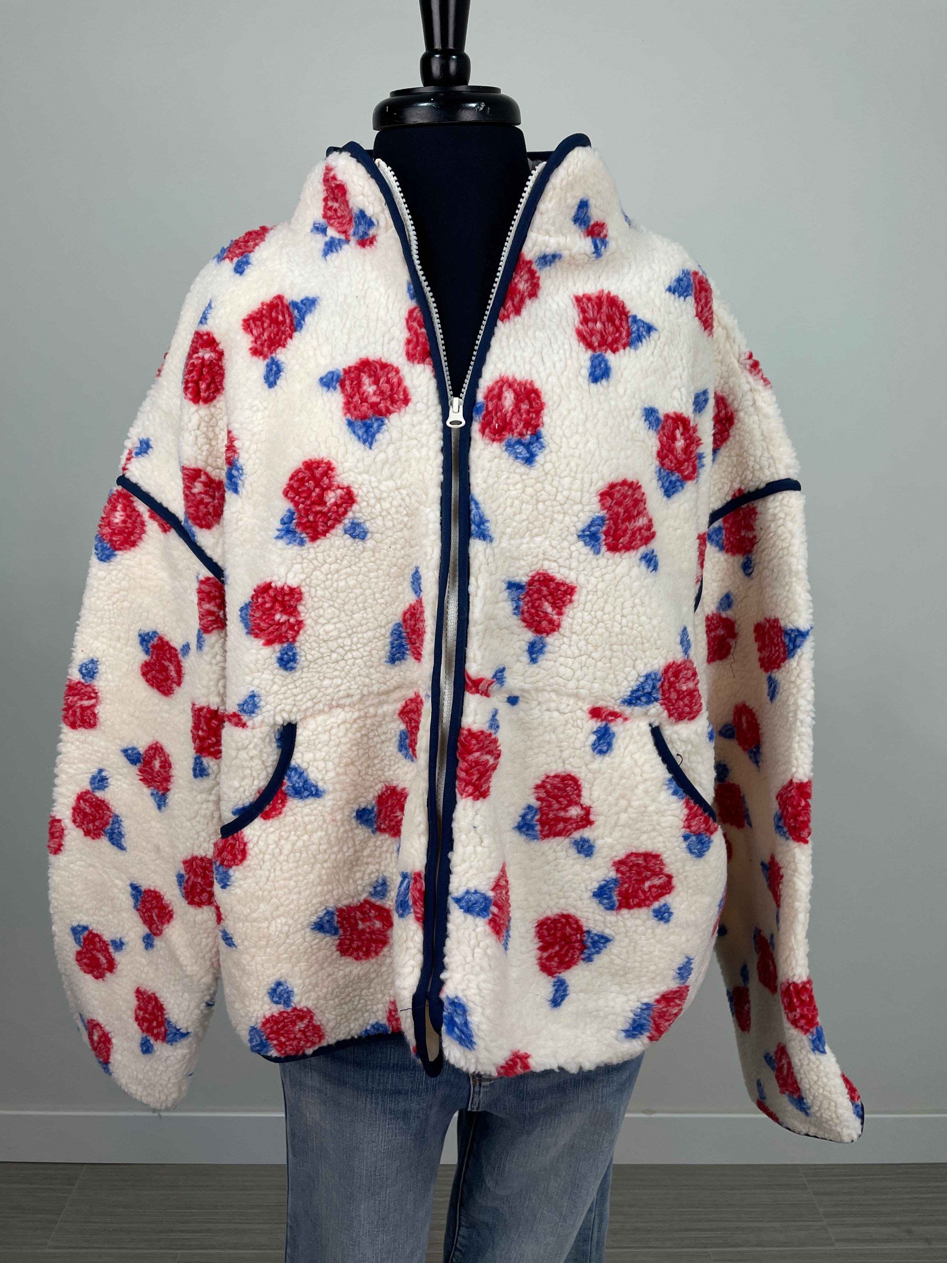 Ivory & Red Flower Fleece Sherpa Jacket