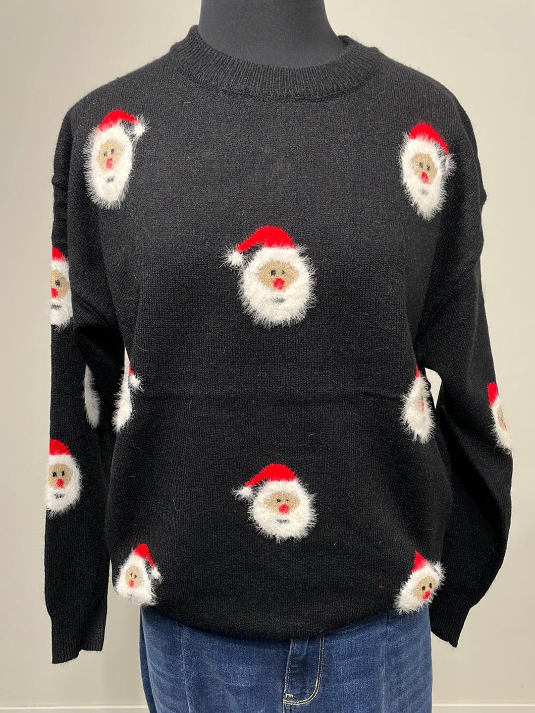 Santa Clause Pattern Black Crewneck Sweater