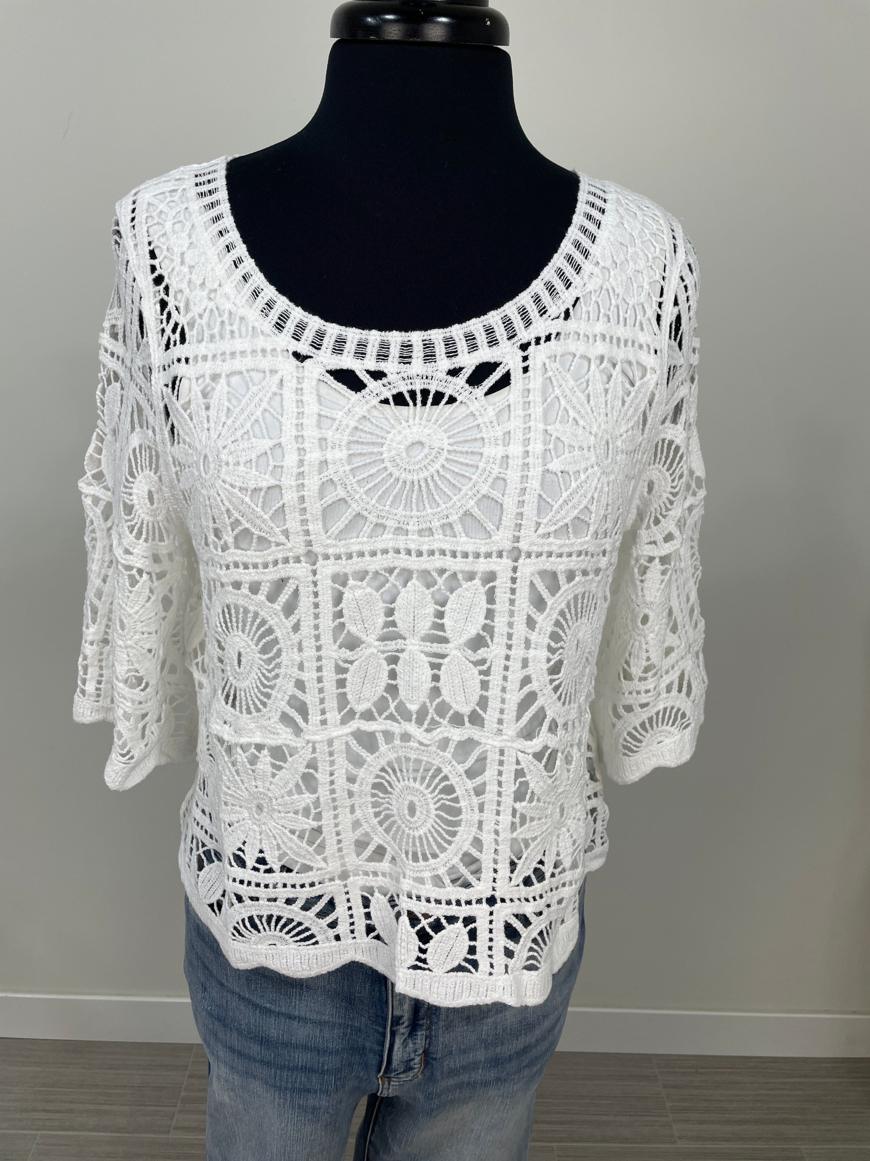 White Circle Crochet Flare Sleeve Top