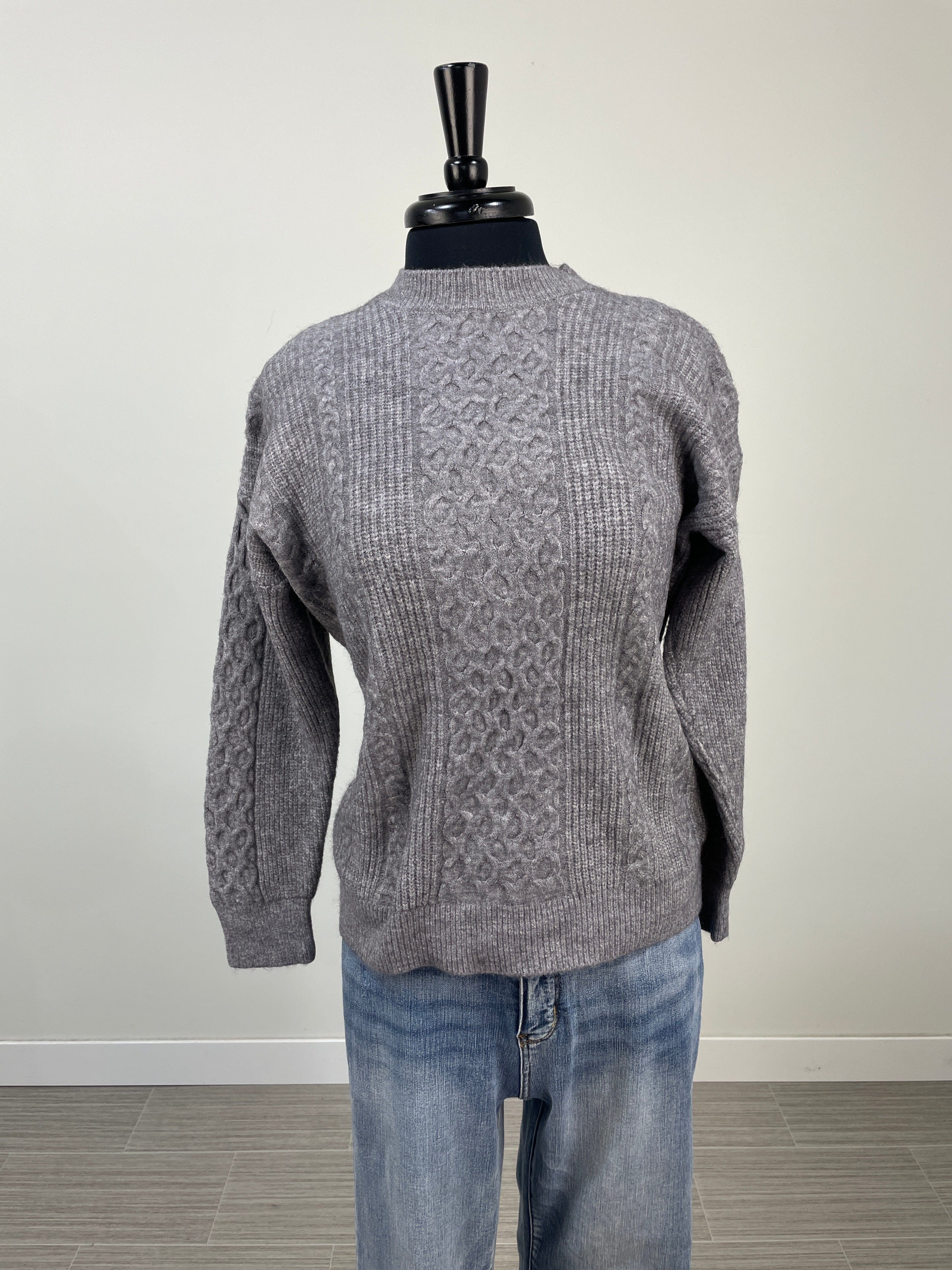 Grey Criss Cross Cable Knit Sweater OS