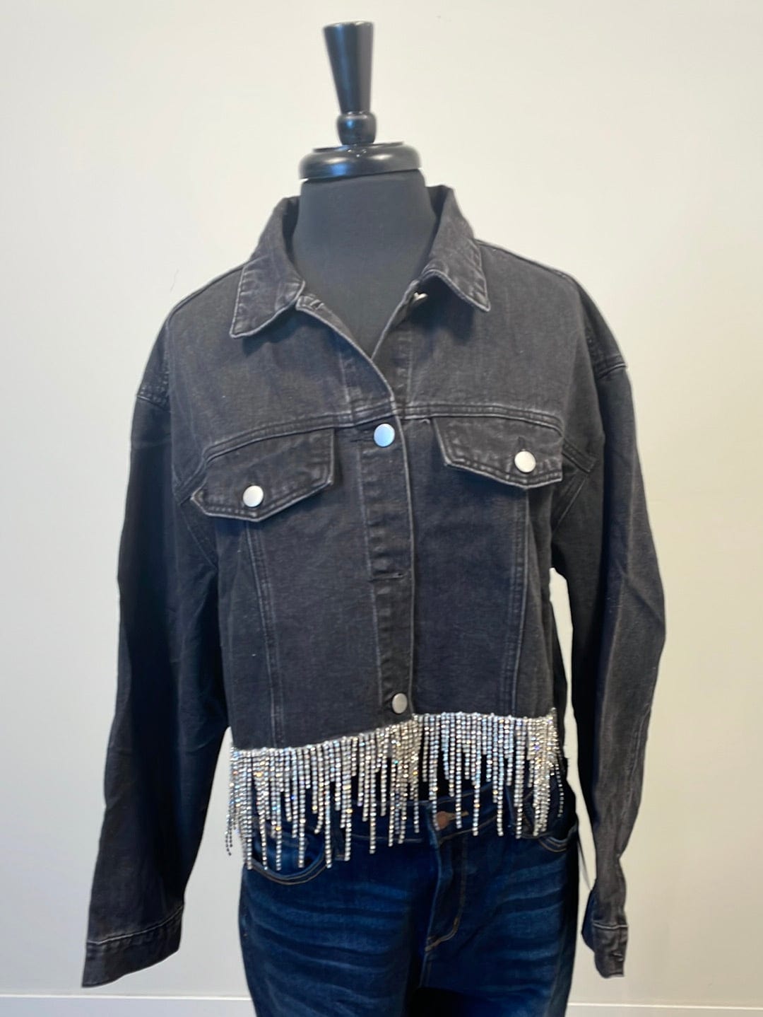 Black Denim Jacket w/Rhinestones Fringe