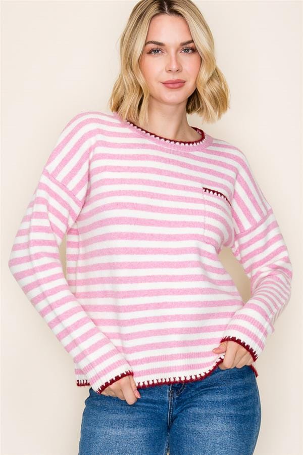 Pink Stripe Contrast Stitch Edge Finish Pullover Sweater
