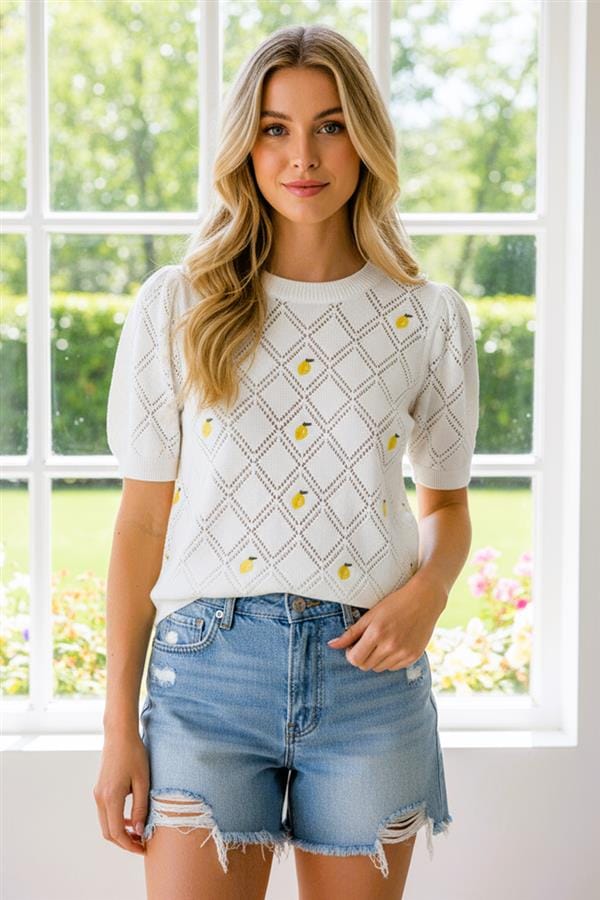 White Lemon Embroidered Pointelle Sweater